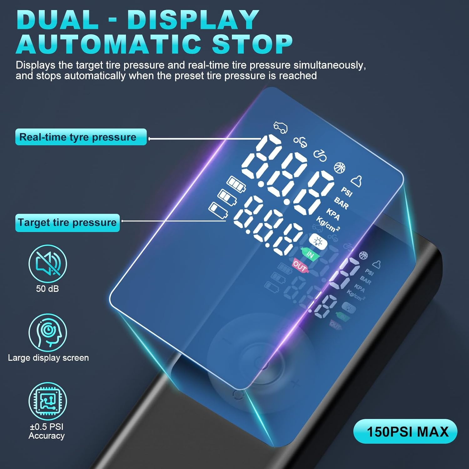 Tyre Inflator Portable Air Compressor Car Tyre Pump, 10000Mah Dual Power Supply 150PSI Tyre Inflator Cordless Digital Dual Values Display Tyre Pump for Car Motorcycle Bike Ball image number 5