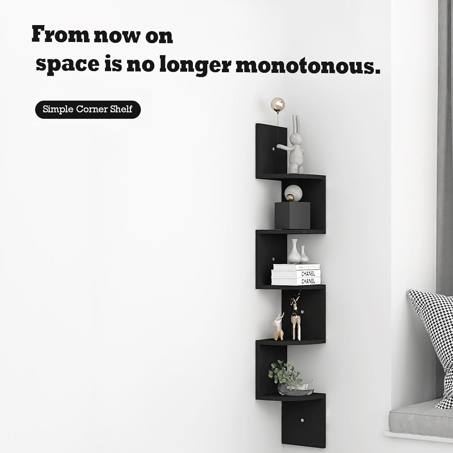 5-Tier Wall Mounted Shelf: 125X20X20Cm Rustic Particleboard Storage - Multi-Room Organizer for Living Room, Bedroom and Home Office (Black) image number 2