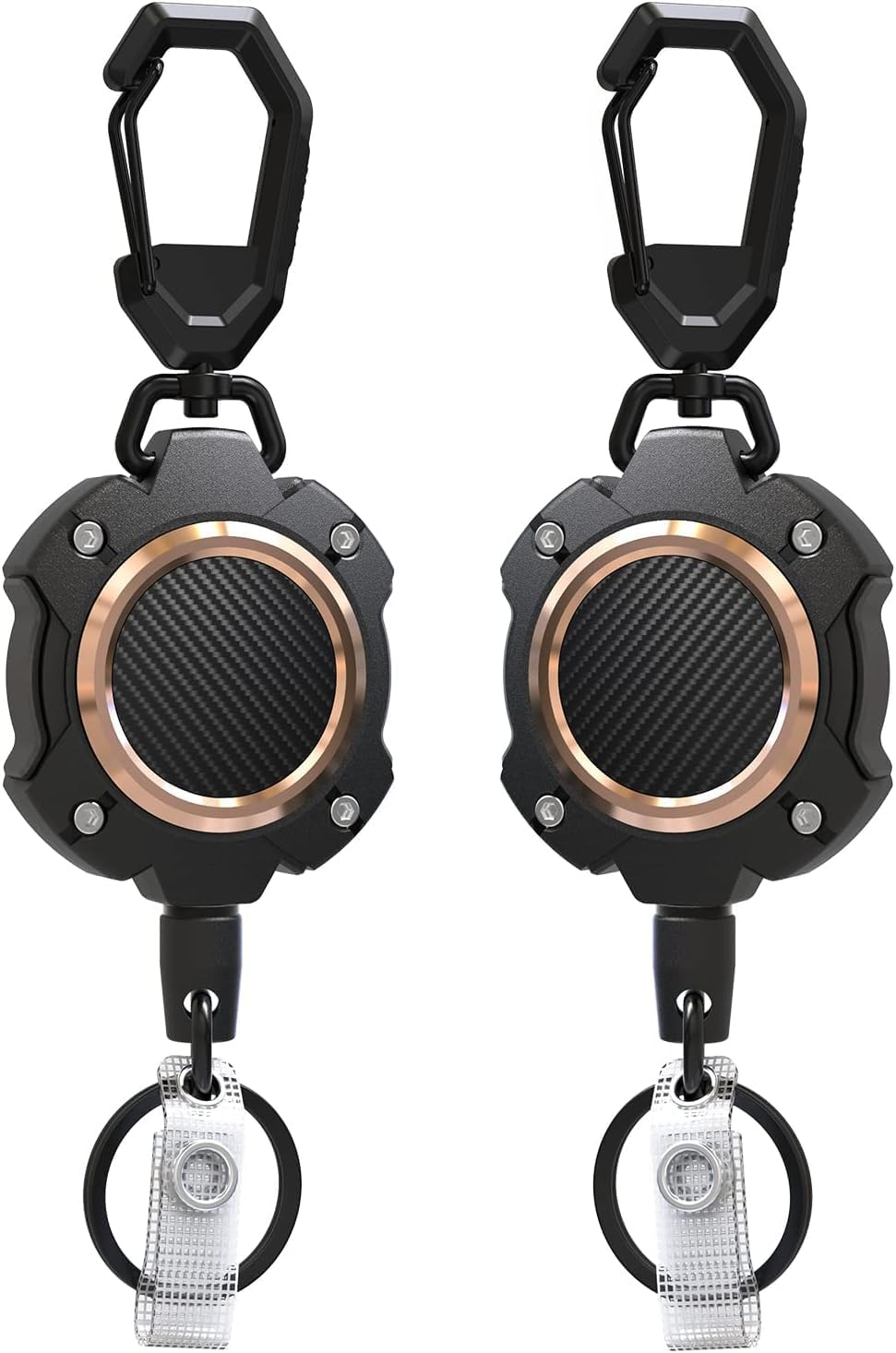 LIUGX 2 Pack Retractable Keychain, Heavy Duty Carabiner Key Chains, 10,000+ Rebound, Impact Resistance ID Badge Reels with 31.5&rdquo; Wire Rope and Key Ring, up to 8Oz, Aluminum Ring, Carbon Fiber-Texture