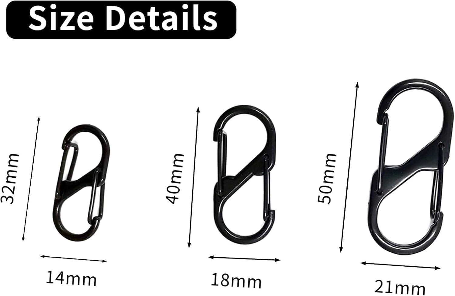 Cjeslna18Pcs Black Zipper Locks, Backpack Zipper Locks Dual S Shaped Carabiner Clips Keyring Keychain Quick Clip Theft Deterrent Double Spring Buckle Hook for Home Outdoor (Small, Large, Medium) image number 4