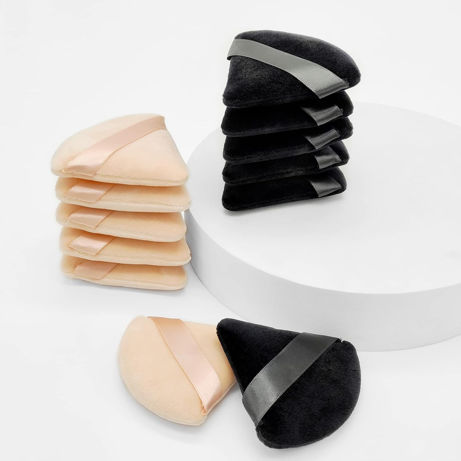 12 Pieces Cosmetic Powder Puff,2.76 Inch Portable Soft Sponge Setting Face Puffs,Triangle Velvet Powder Puff with Ribbon Band Handle for Loose Powder Body Powder Makeup Tool(Black,Nude) image number 6