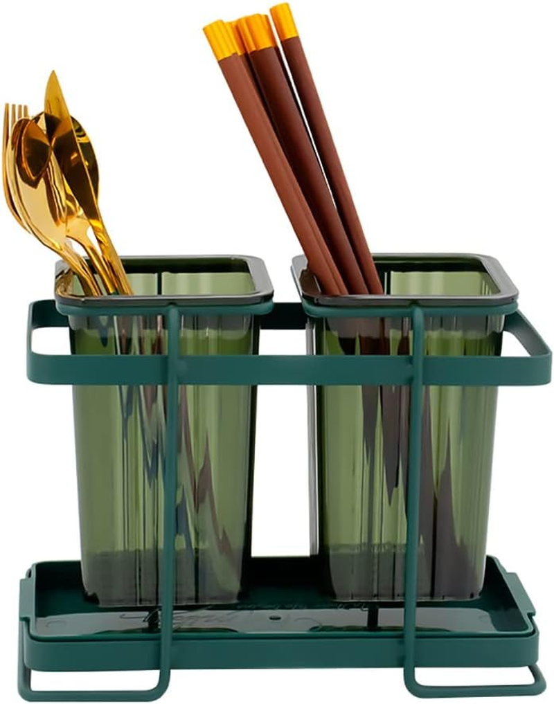 FOREVERIE Gold Metal Cutlery Holder Organizer with Draining Drip Holes & Flatware Drainer Plate, Kitchen Utensil Holder Organiser Drying Rack for Chopstick, Fork, Spoon Etc.