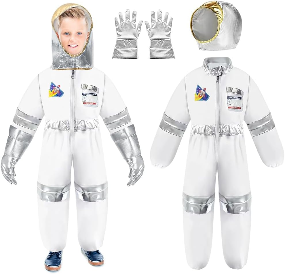 AUTOWT Astronaut Costume Set for Kids, 3 PCS Zippered Space Jumpsuit, White Pilot Spacesuit Breathable Astronaut Dress up Clothes with Space NASA Hat Gloves for Boys Girls Aged 3 4 5 6 7 8 image number 2