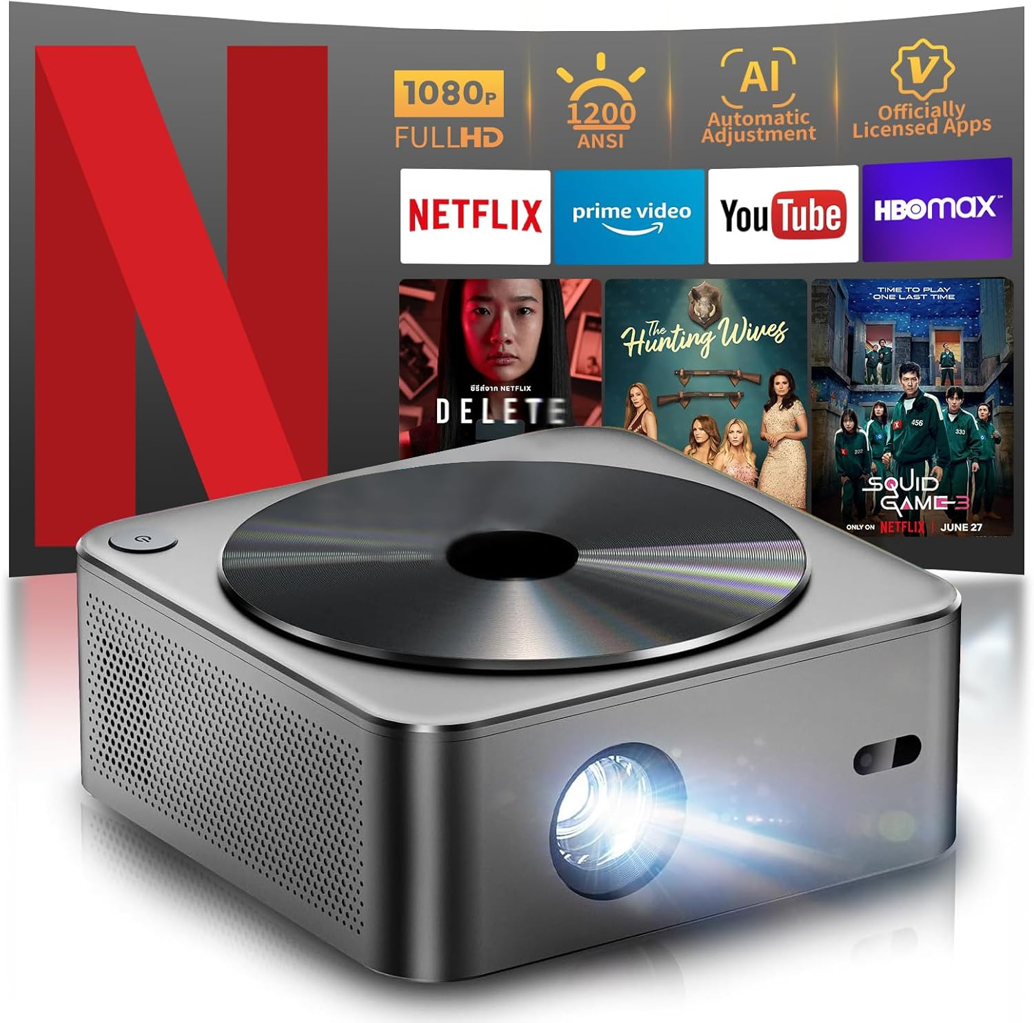 Projector-4K [1200 Ansi/Netflix Officially Licensed] Smart Projector with Wifi6 and Bluetooth,3D Stereo Sound & AI Auto Focus,Outdoor Movie Projector,Max 300''Display image number 2