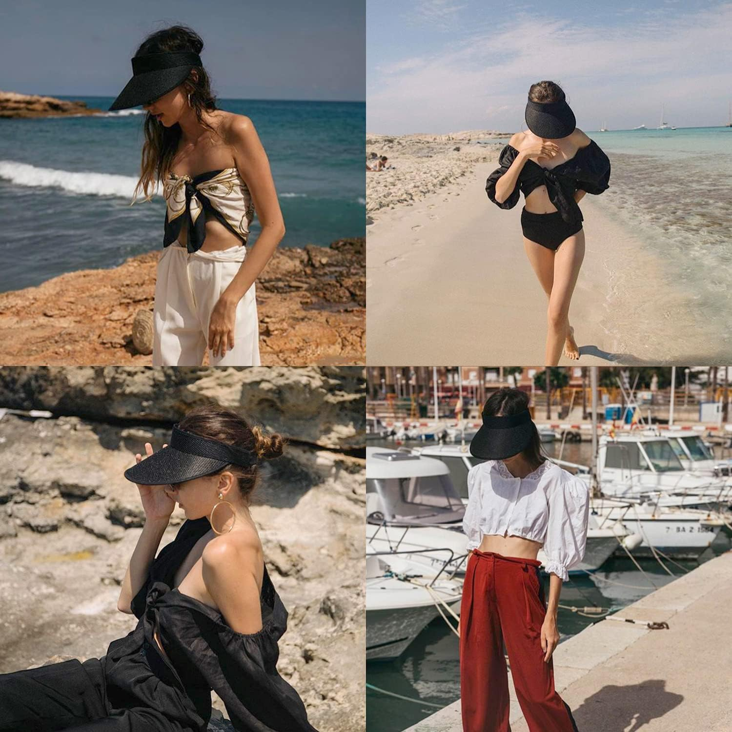 MULIMU 4-Pack Women Wide Brim Sun Visor UV Protection UPF50+ Hat Golf Visor with Clip - Blackwhitekhakbeige image number 3