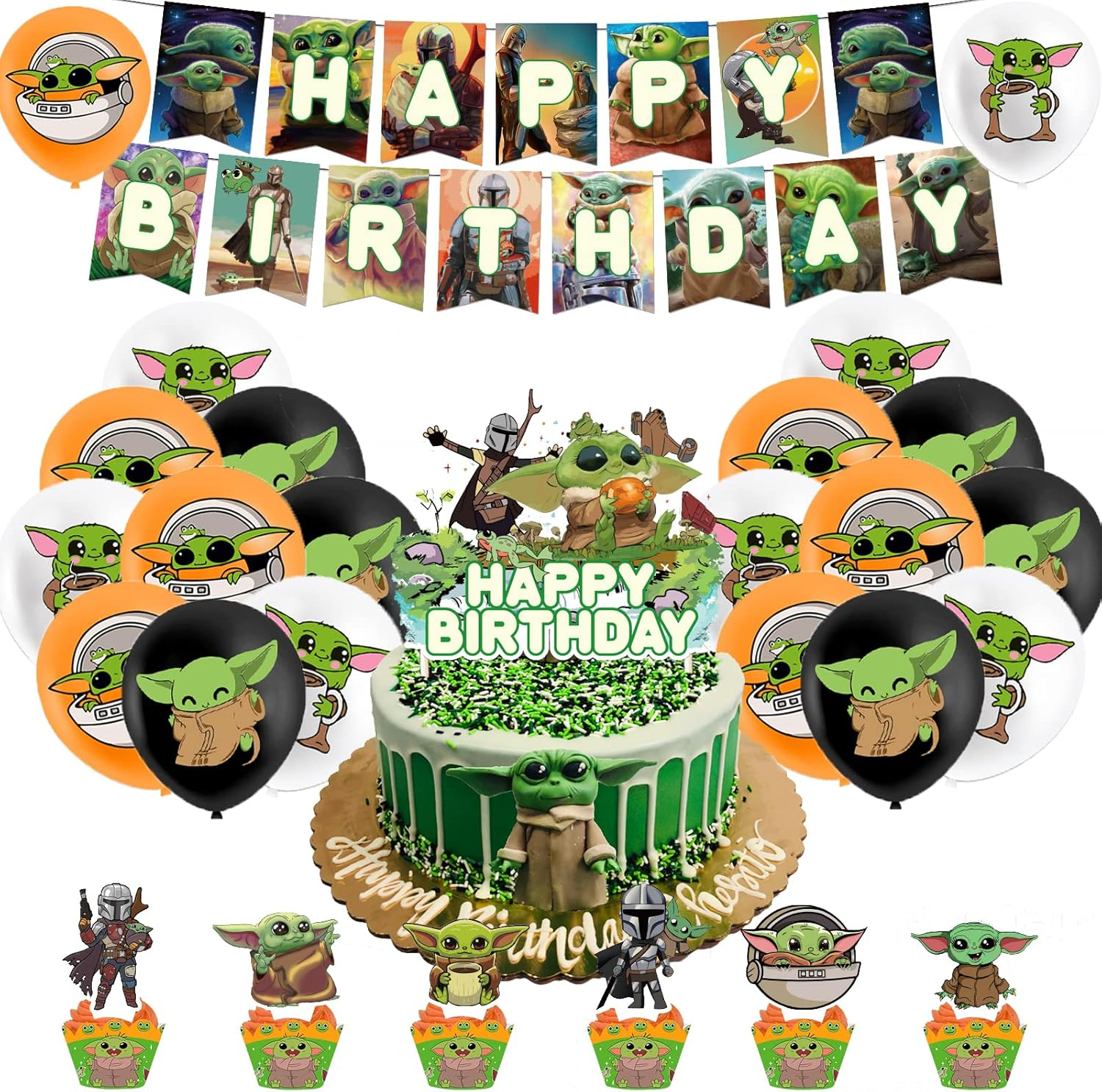 Dinoeye Baby Yoda Party Supplies Star Wars Birthday Decoration 18Pcs Balloons, 1Pcs Banner, 13Pcs Cake Toppers Green Cartoon image number 4