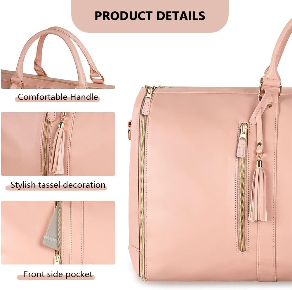 Convertible Garment Duffle Bag for Travel, 3-In-1 Carry on Foldable PU Leather Weekender with Shoe Pouch, Pink image number 1