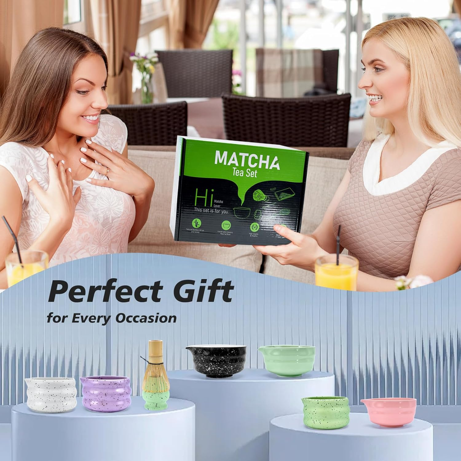 5 Pcs Matcha Whisk Set, Ceramic Matcha Whisk for Tea Ceremony, Matcha Set Whisk and Bowl, for Matcha Lover and Starters(Spotty Black) image number 3