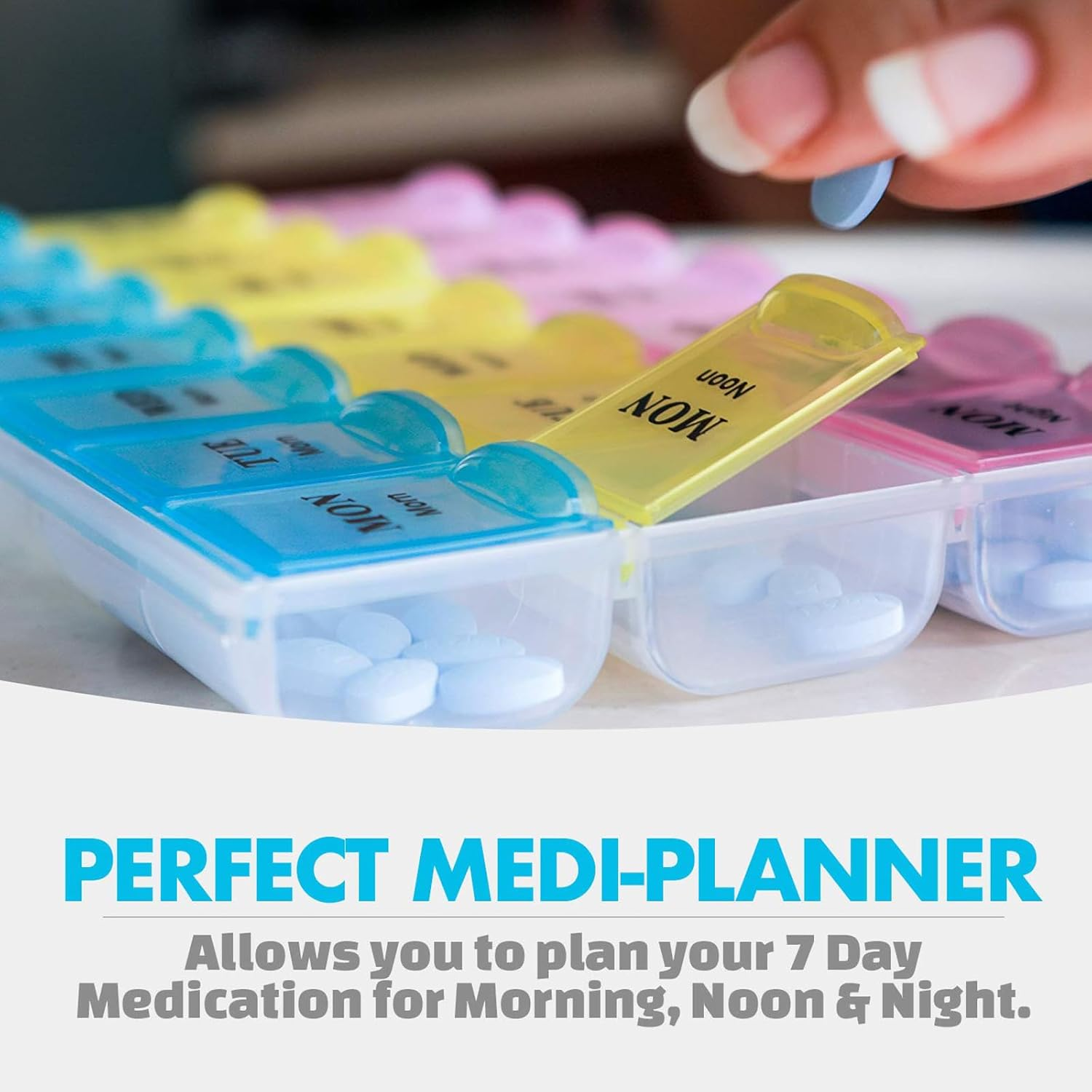 Pill Organizer Portable Multi-Color Transparent PP Material Pill Box Travel Pill Organiser for Pills Vitamin Fish Oil Supplements at Morning Noon Night 7 Days image number 2