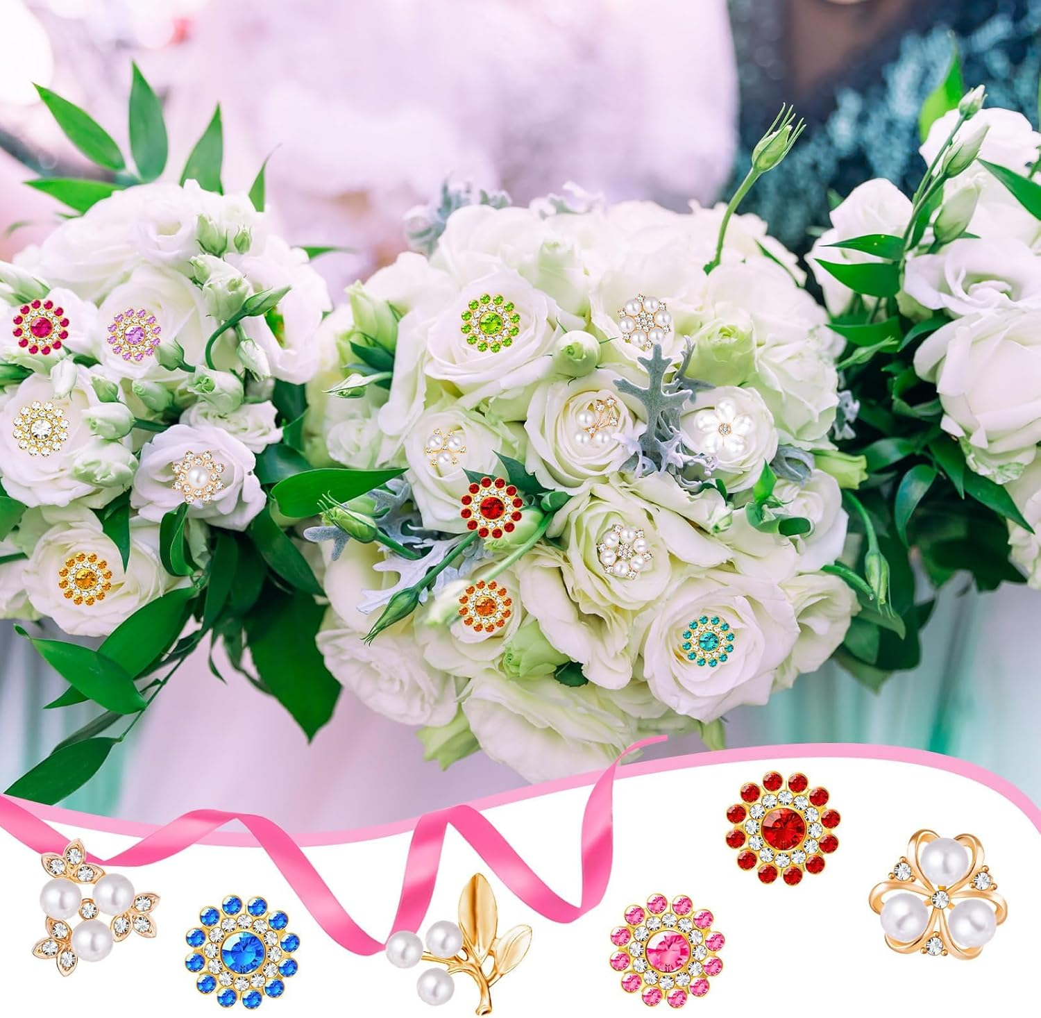 360 Pcs Flower Rhinestones Buttons Sets DIY Flat Back Flower Shaped Rhinestones Buttons, Faux Pearl Embellishments Buttons Crystal Glass Beads for Jewelry Making Wedding Home Decoration image number 5