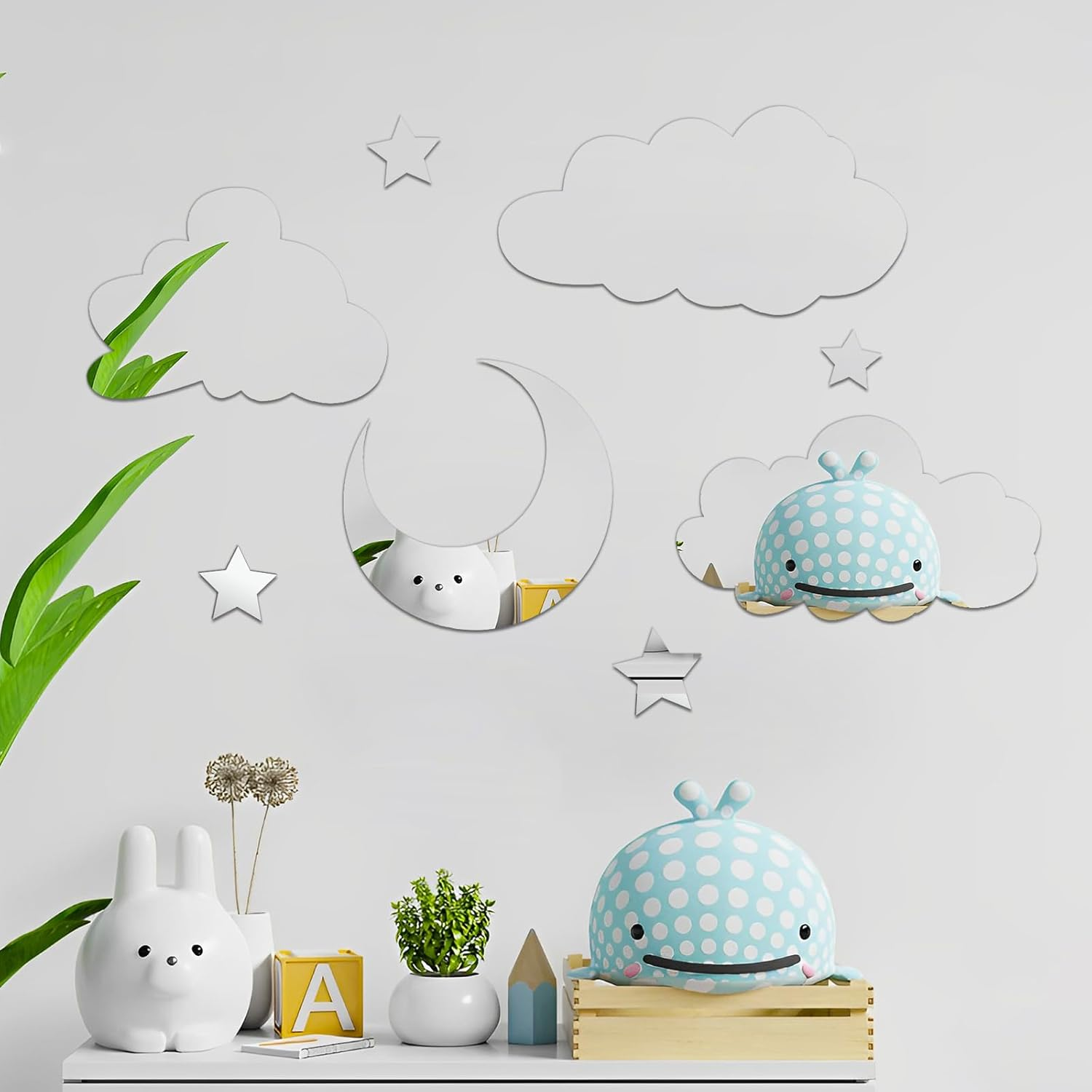 3D Moon and Clouds Mirror Wall Decor Acrylic Mirror Wall Decals Self Adhesive Decorative Moon Star Cloud Wall Decals for Baby Kids Children'S Living Room Bedroom Nursery Wall Decor image number 1