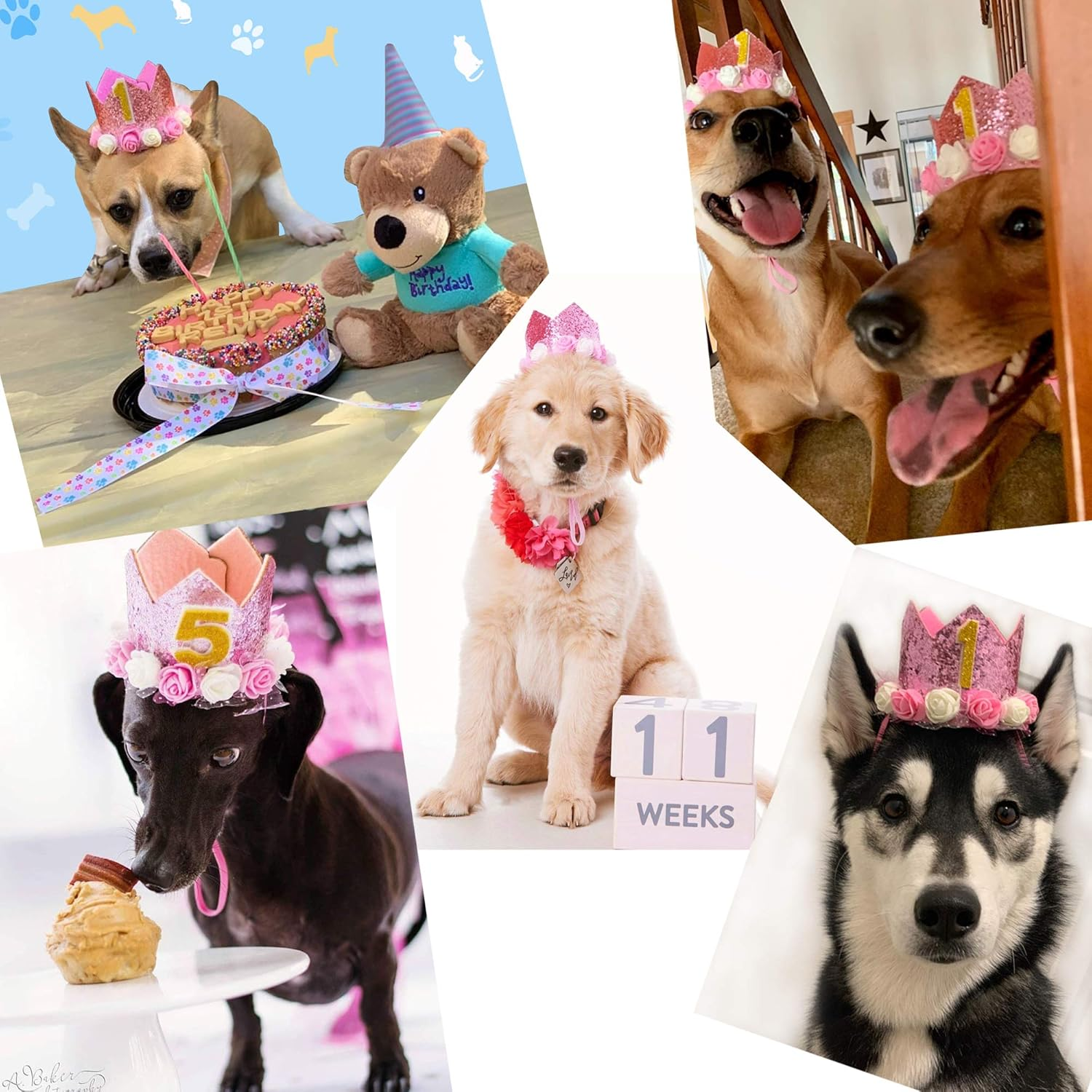 JAMSTONE Crown Dog Birthday Hat Reusable Doggie Birthday Party Hat for Pets Glitter Crown Hats for Dogs Cats Kitten Headband Hats Pink - Pink image number 5
