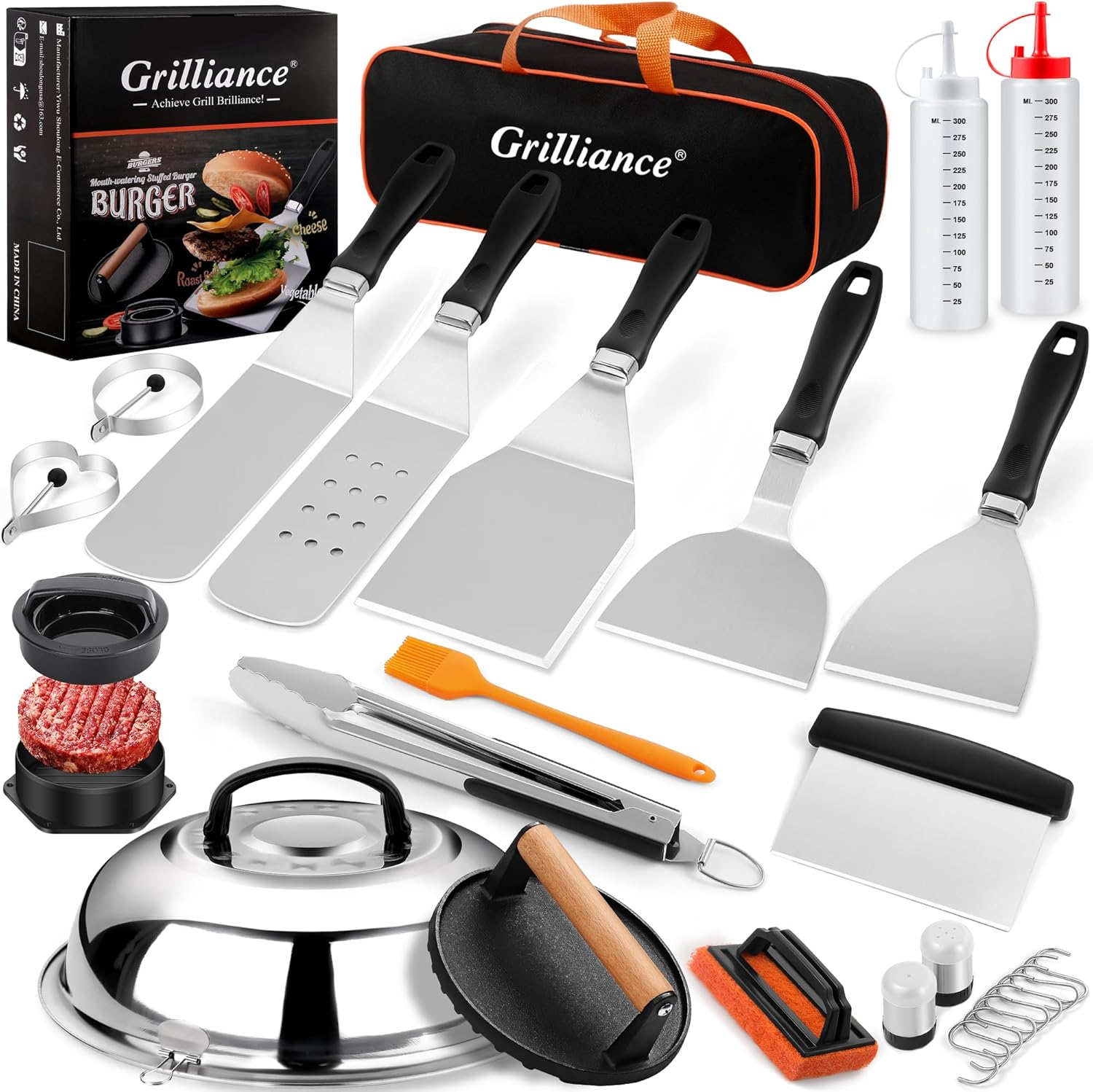 Grilliance 27Pcs Griddle Accessories Kit for Blackstone, Professional Hibachi Flat Top Grill Tools, Enlarged Spatula Gift Set with Basting Cover，Burger Press Patty Maker for Outdoor BBQ Teppanyaki