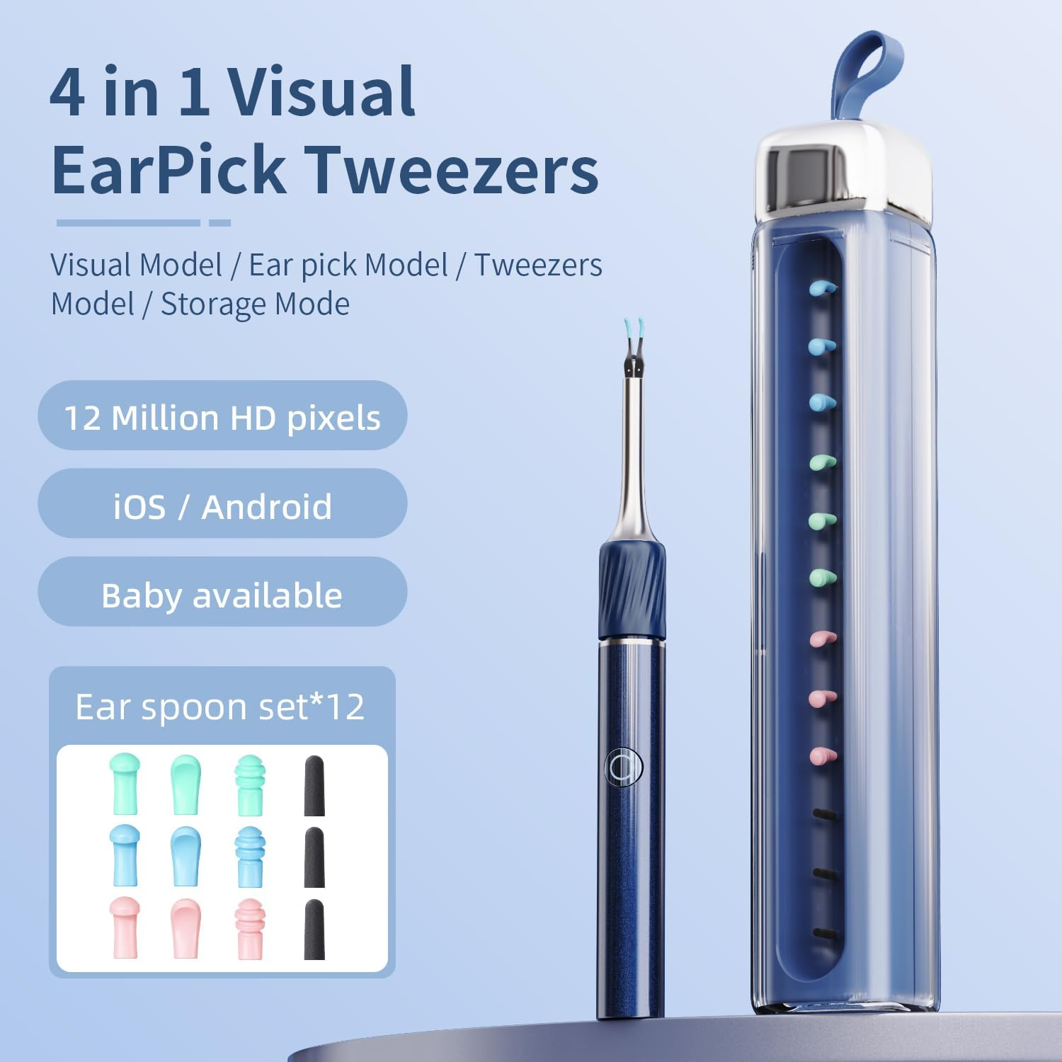 Qimic Ear Cleaner Camera with Tweezers - 1080P Ear Wax Removal with Light and Camera, IP67 Ear Camera with Storage Box, Earwax Removal Kit with 12 Colorful Silicone Tips for Iphone,Android(Blue) image number 5