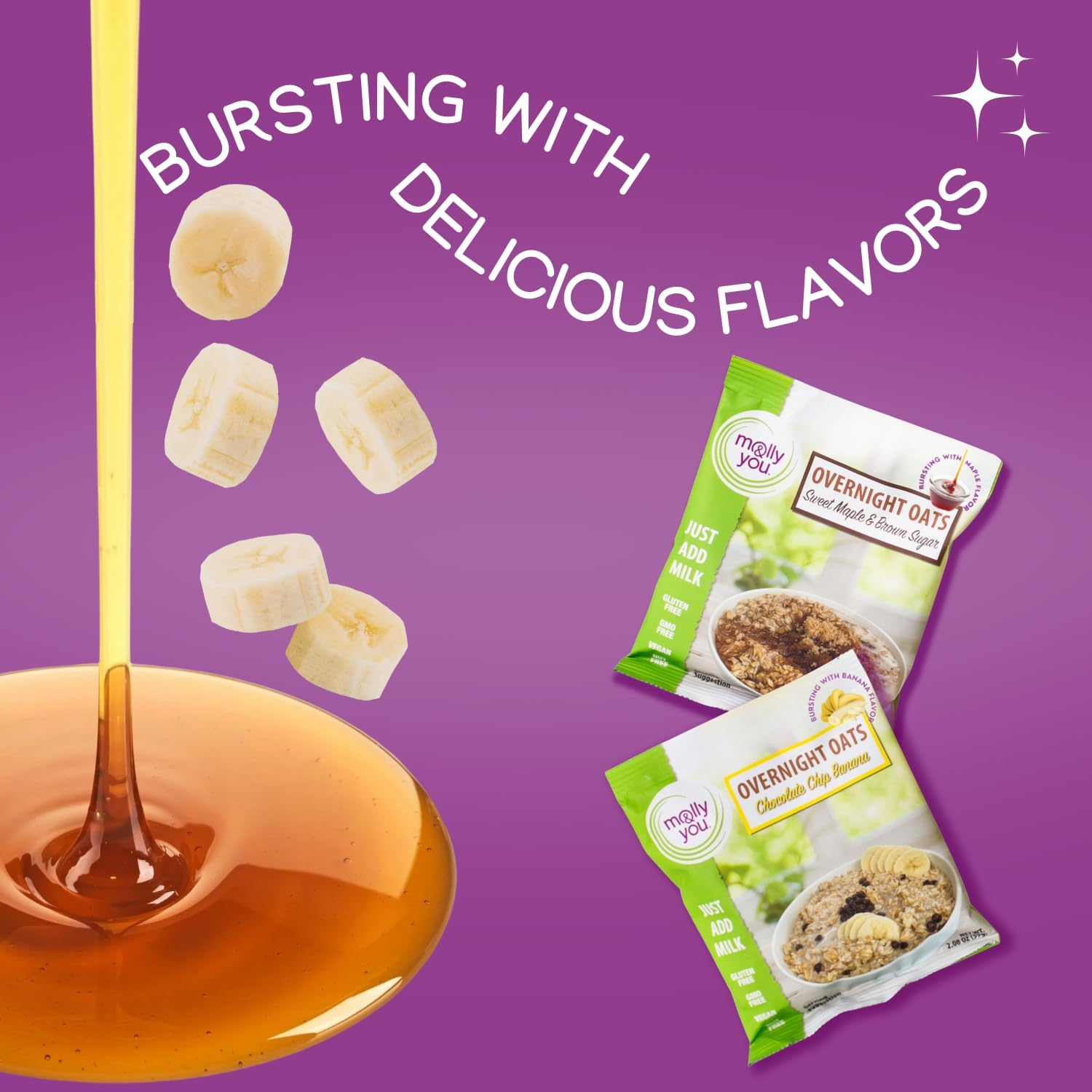 Molly & You Variety Overnight Oats - Apple Crisp, Strawberry Shortcake, Chocolate Chip Banana, Sweet Maple & Brown Sugar (Pack of 6) - Healthy Natural Source of Protein Oatmeal Breakfast, a Vegan