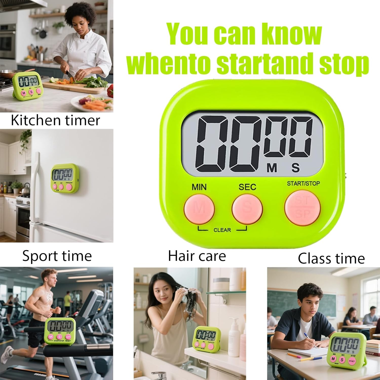 Kitchen Timer, Digital Classroom Timer, Stopwatch, Suitable for Kitchen, Study, Work, Exercise Training, Outdoor Activities (6P Green)