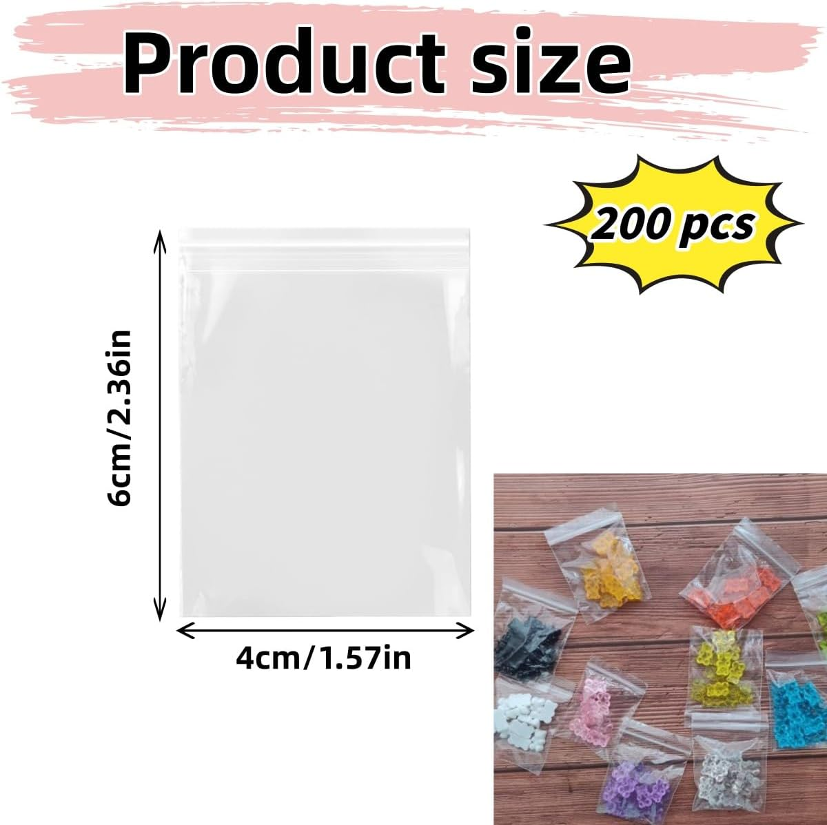 200 Pcs 4X6Cm Plastic Seal Bags, Grip Seal,Small Mini Reusable Plastic Jewelry Storage, for Kitchen Storage, Jewellery, Drugs, Small Cookies and Sweets image number 2