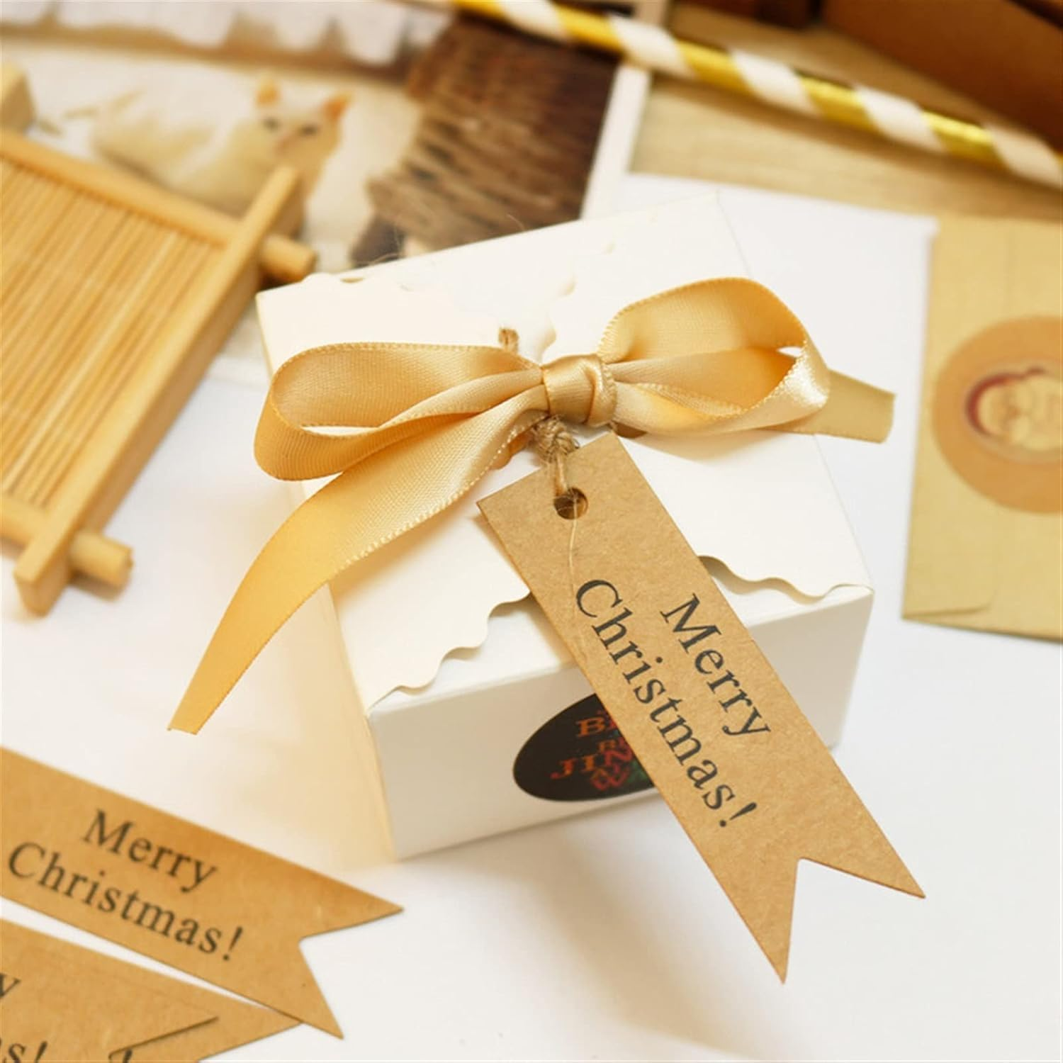 100PCS Christmas Paper Gift Tags,Merry Christmas Label Hanging Tag for DIY Xmas Present Envelopes Gift Wrapping Decorations (Brown) image number 4