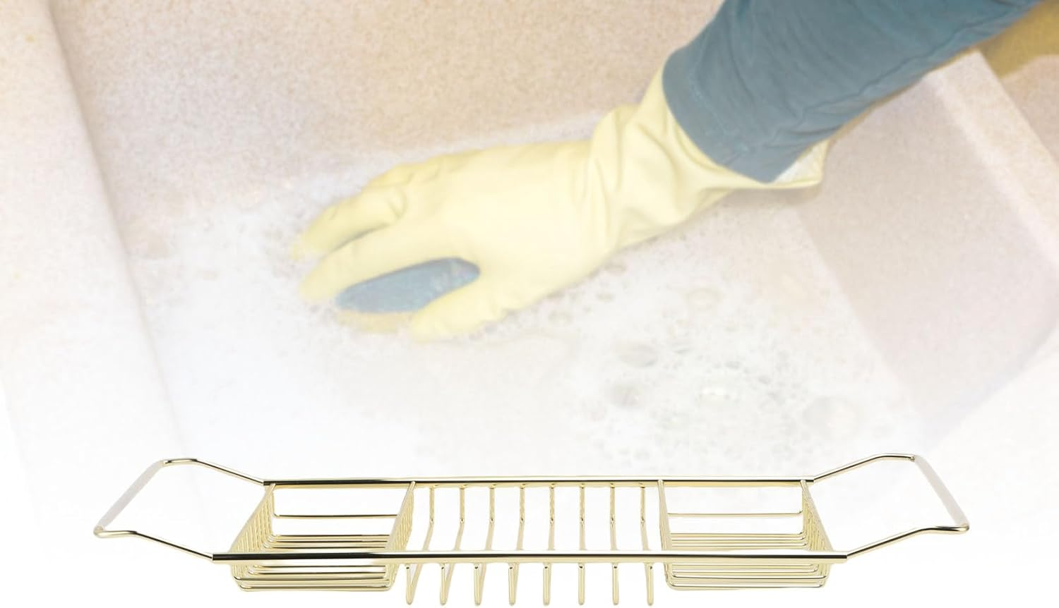 Viagasafamido Bathtub Tray, Stainless Steel and Expandable Shower Tub Caddy Tray, Adjustable Design 25 to 38.4In for Elegant Bath Experience (Gold) - Gold image number 3