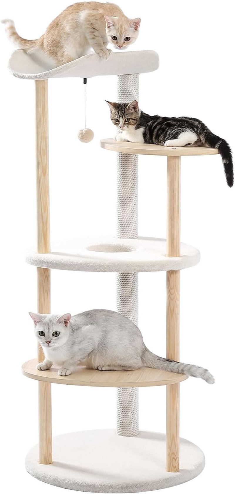 PAWZ Road Wooden Cat Tree for Indoor Large Cats, 124.5Cm Modern Cat Tower with 4 Cotton Rope Covered Scratching Posts, 6 Wood Posts, Super Large Platform and Pompom image number 2