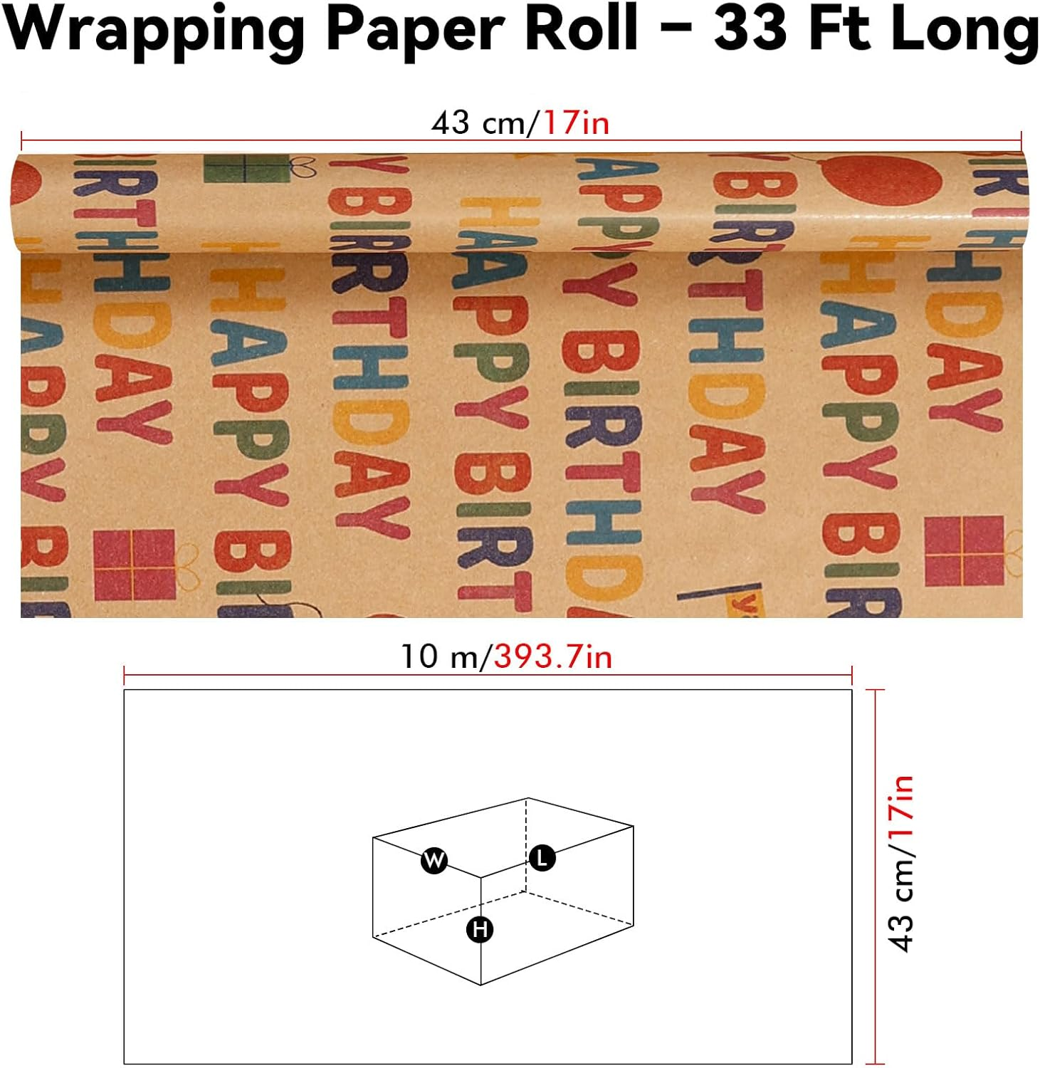 Birthday Wrapping Paper Roll &ndash; Colorful Happy Birthday Kraft Design &ndash; Thick, Wrapping Paper Birthday Gift Wrap Tear-Resistant for Gifts & Party Wrap, 43Cm Wide X 10M Long image number 3