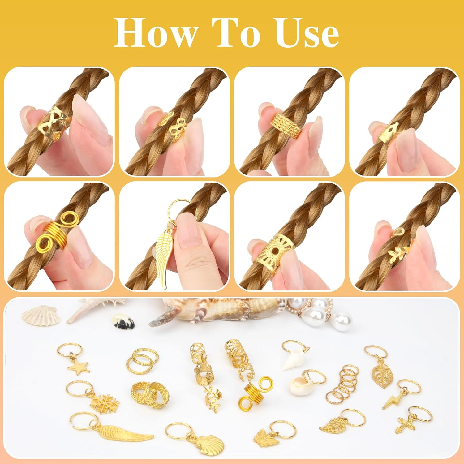 Pack of 362 Gold Hair Accessories, 20 Designs Dreadlocks Jewellery Rings, Adjustable Golden Hair Accessories for Braids with Hair Rings, Hair Spiral Clips, Charms, Ideal for DIY, Festival, Braiding image number 2