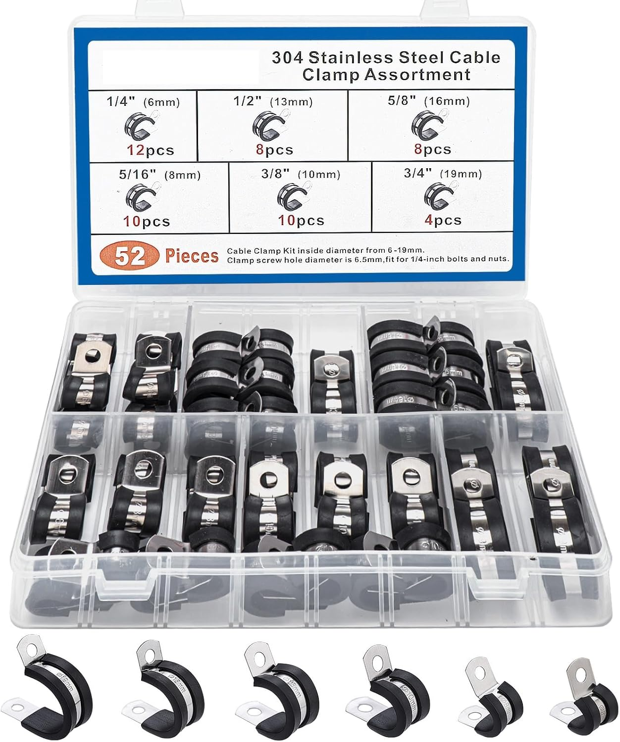 52Pcs P Clips Hose Clamp Cable Clamps Assortment Kit, 304 Stainless Steel Rubber Cushion Pipe Clamps in 6 Sizes 1/4" 5/16" 3/8" 1/2" 5/8" 3/4" (BLACK)