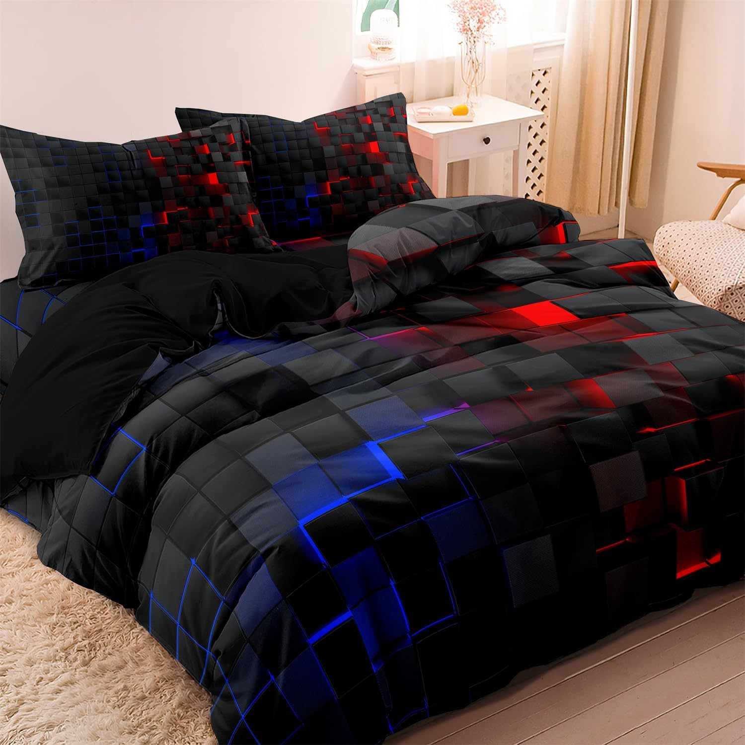 Checkered Duvet Cover Set Twin Size, Red and Blue Grid Printed Quilt Personalized Geometric Square Grid Bedding Set Modern Abstract Check Quilt Cover for All Season (1 Duvet Cover + 2 Pillowcase) image number 1