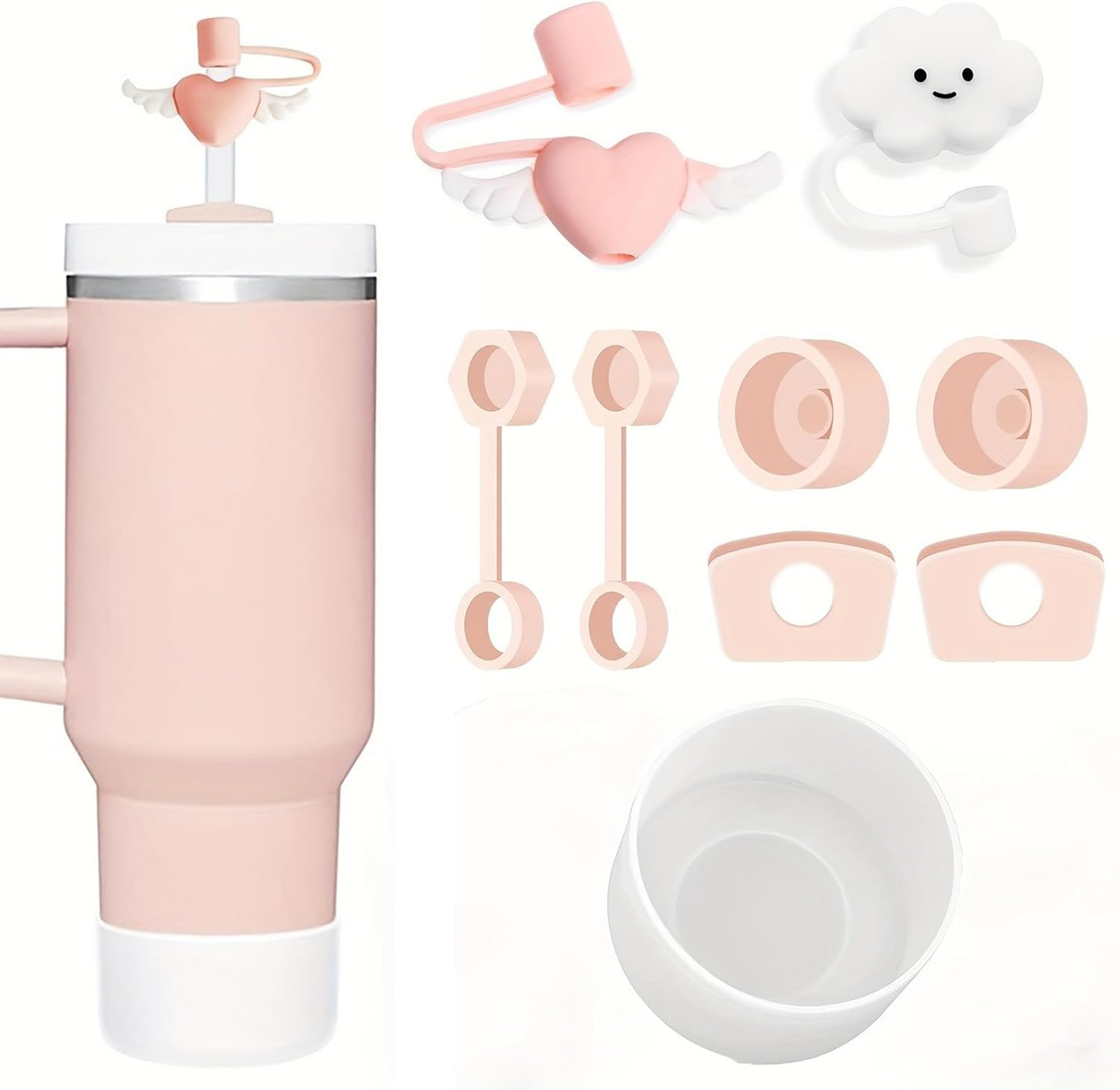 Spill Stoppers Set for Stanley Cup Accessories 7 Pcs Silicone Set Including 4 Pcs 10 Mm Straw Cover Cap 2 Pcs Leak Stoppers 1 Pcs Protective Boot for Stanley 20Oz 30Oz 40Oz Tumbler (White)