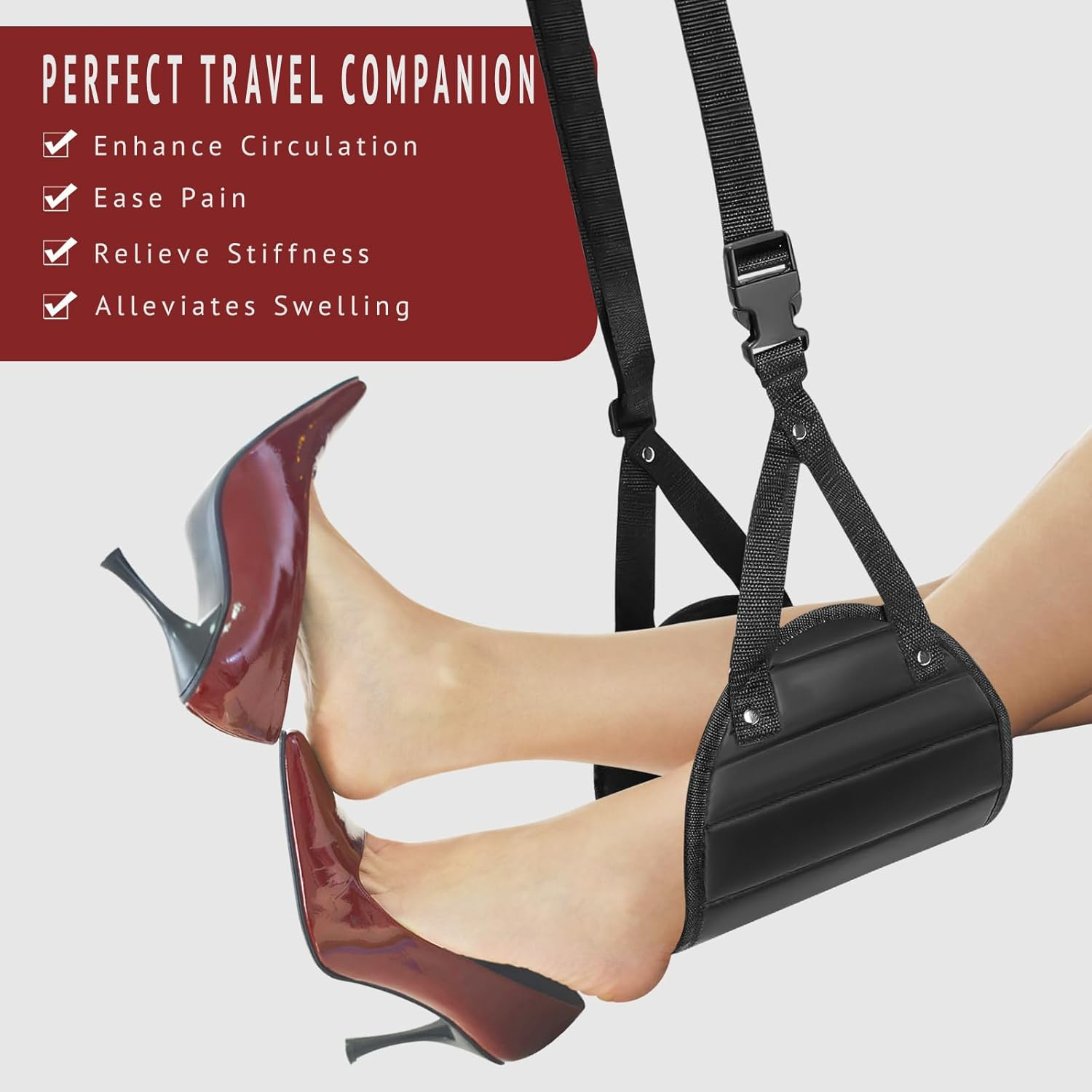 Airplane Foot Hammock (2 Pack), Travel Foot Rest for Airplane with Memory Foam, Adjustable Plane Foot Rest Hammock, Portable Airplane Travel Accessories for Long Flights, Black image number 3