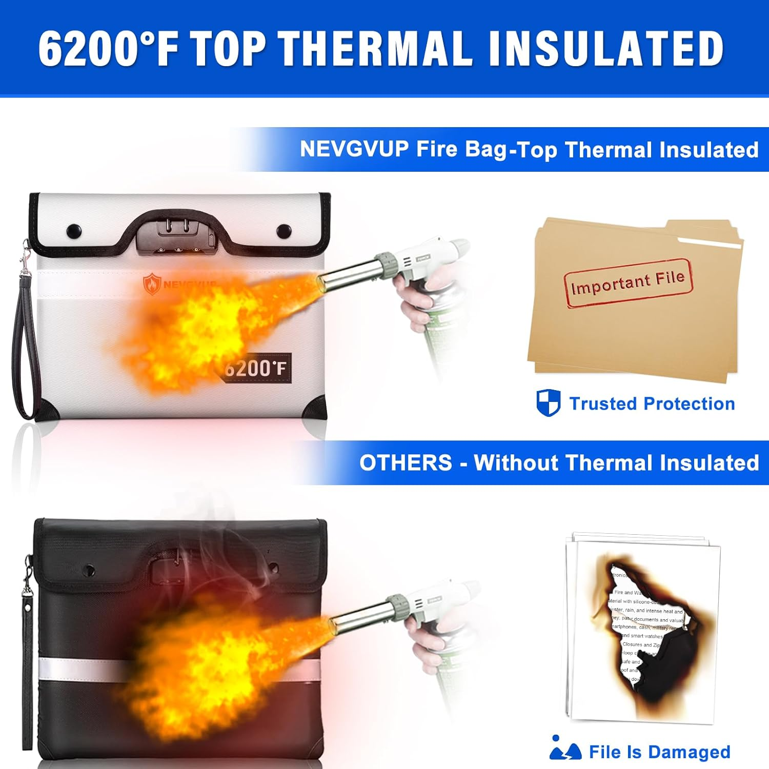 Upgraded 6200&deg;F Fireproof Money Bag with Lock, Fireproof Bag W. Zipper/Reflective Strip, 9 Layers of Heat Insulated Material, Water Resistant Fire Proof Money Bag for Cash, Fire Bag for A5 Documents image number 5