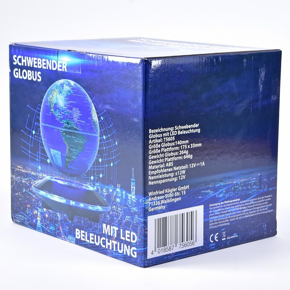 K&ouml;gler 75605 Floating Globe with LED Lighting, Approx. 14 Cm Large Magnetic Globe with Colour Changing USB Cable as World Map and Night Light image number 1