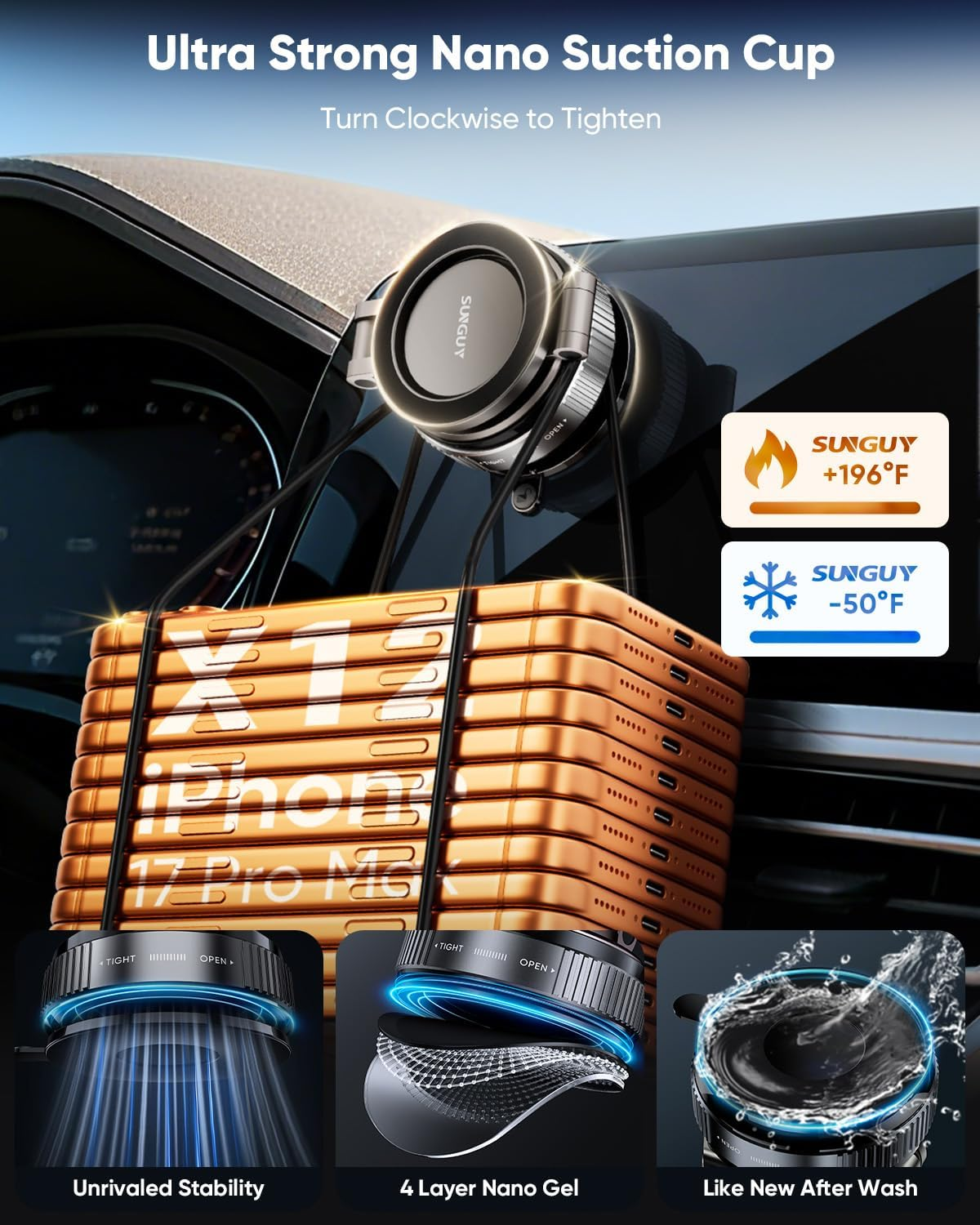 SUNGUY Upgraded 360&deg; Nano Gel Vacuum Magnetic Phone Holders for Your Car Suction Cup Car Phone Mount for Magsafe, Car Phone Holder for Windshield/Gym/Mirror, Cell Phone Car Mount for Iphone&Android image number 1