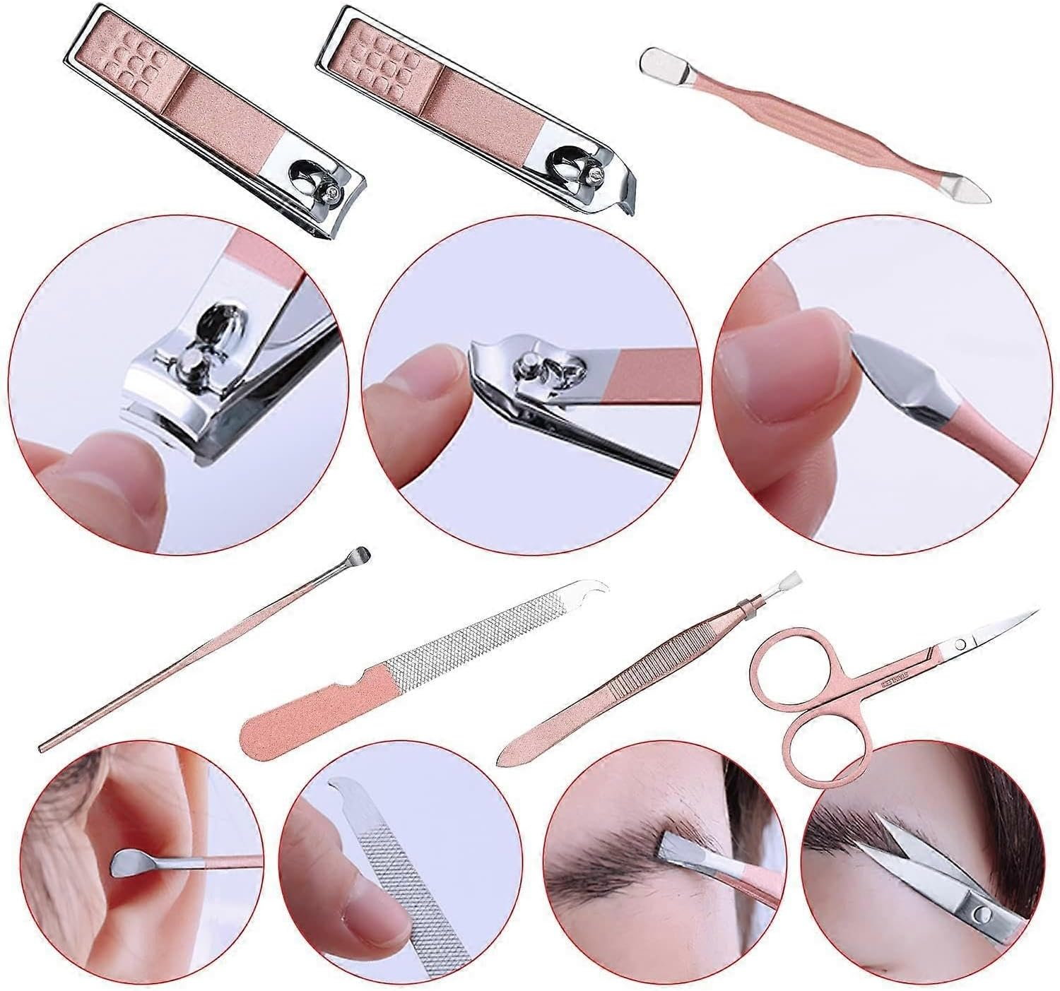 7 Piece Manicure Set, Nail Clipper Set, Manicure Pedicure Kit Stainless Steel Eyebrow Trimmer, Tweezers, Nail File, Cuticle Pusher, Nail Clippers in Pink PU Leather Case - Travel Kit & Home Use image number 2