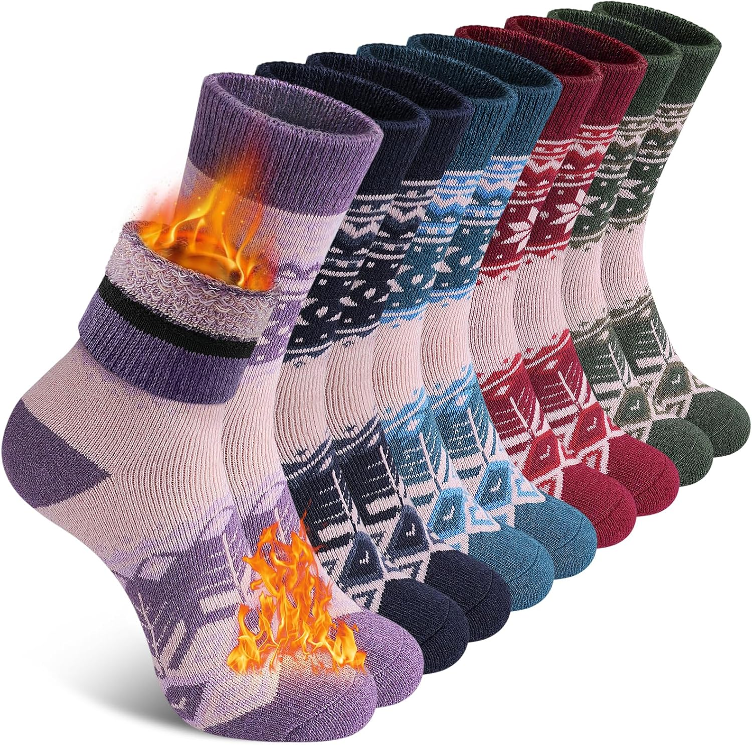 SIMIYA 5 Pairs Merino Wool Socks for Women, Winter Extra Thick Thermal Warm Hiking Socks Women Crew Cushion Socks