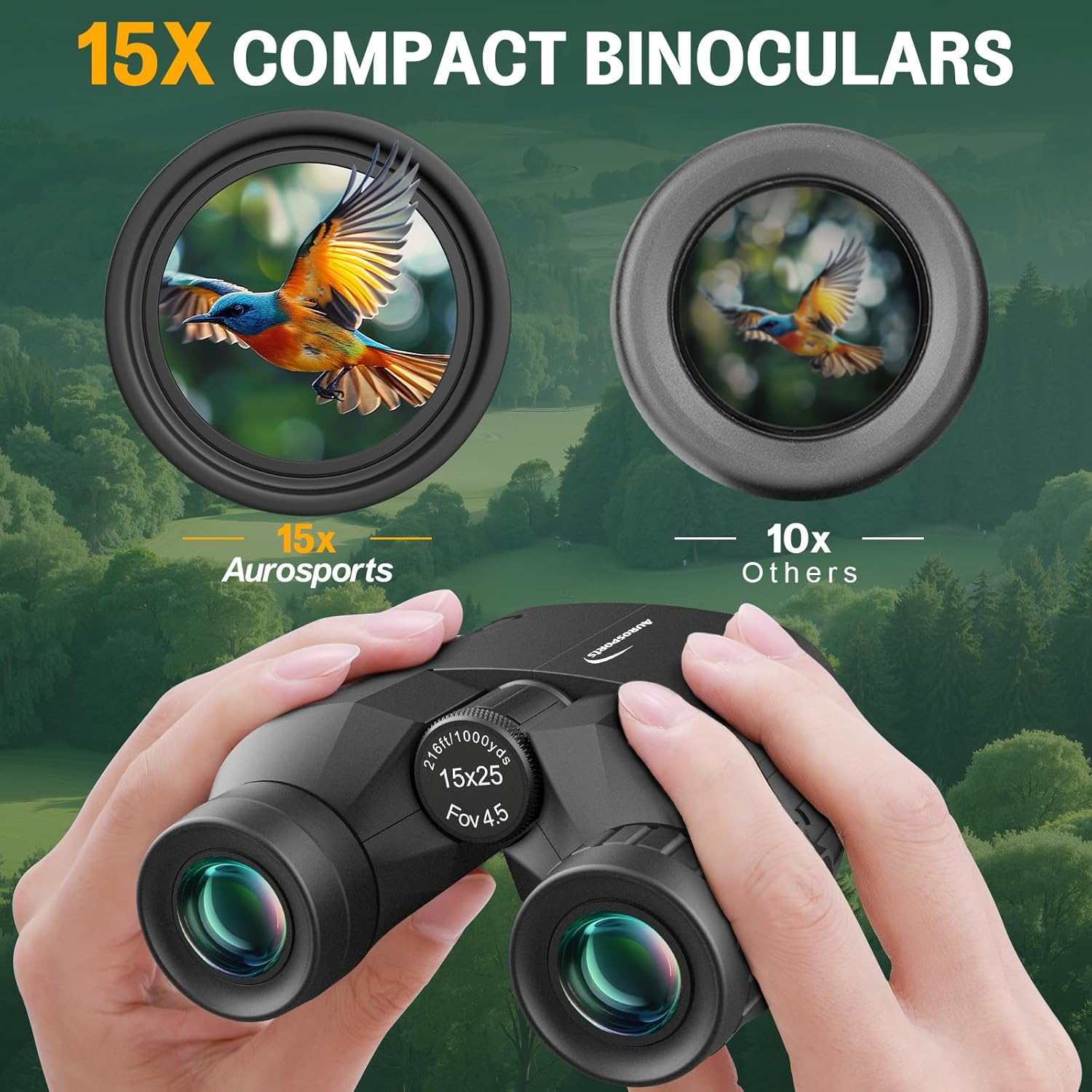 Aurosports 15X25 Compact Binoculars for Adult Kids - High Power Binoculars for Bird Watching - Easy Focus Small Binocular with Low Light Vision for Travel, Camping, Concert, Hiking image number 1