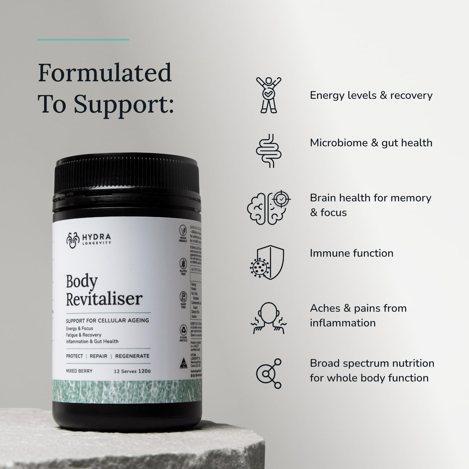 Body Revitaliser Organic Superfood Powder Health Supplement, 49 Ingredient Smoothie Mix with Prebiotics, Chlorella, Reishi, Vegan, Non-Gmo, Gluten-Free 120 Grams (12 Servings) image number 1