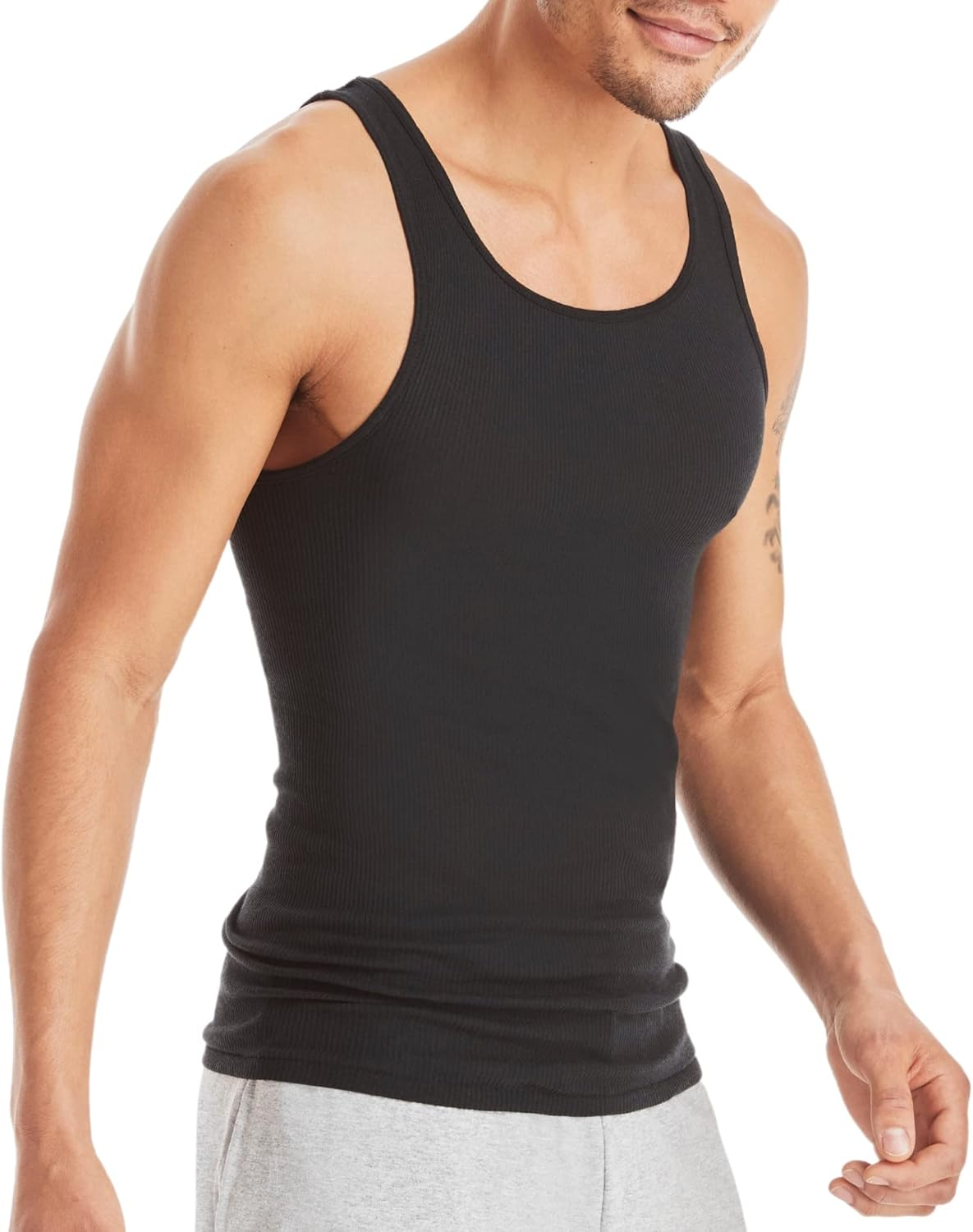 Hanes Men'S Cotton Tank Undershirts Pack, Moisture-Wicking Ribbed Tanks, Lightweight Cotton Tank Undershirts, 6-Pack, Black/Grey Assorted - 6 Pack, Medium image number 1