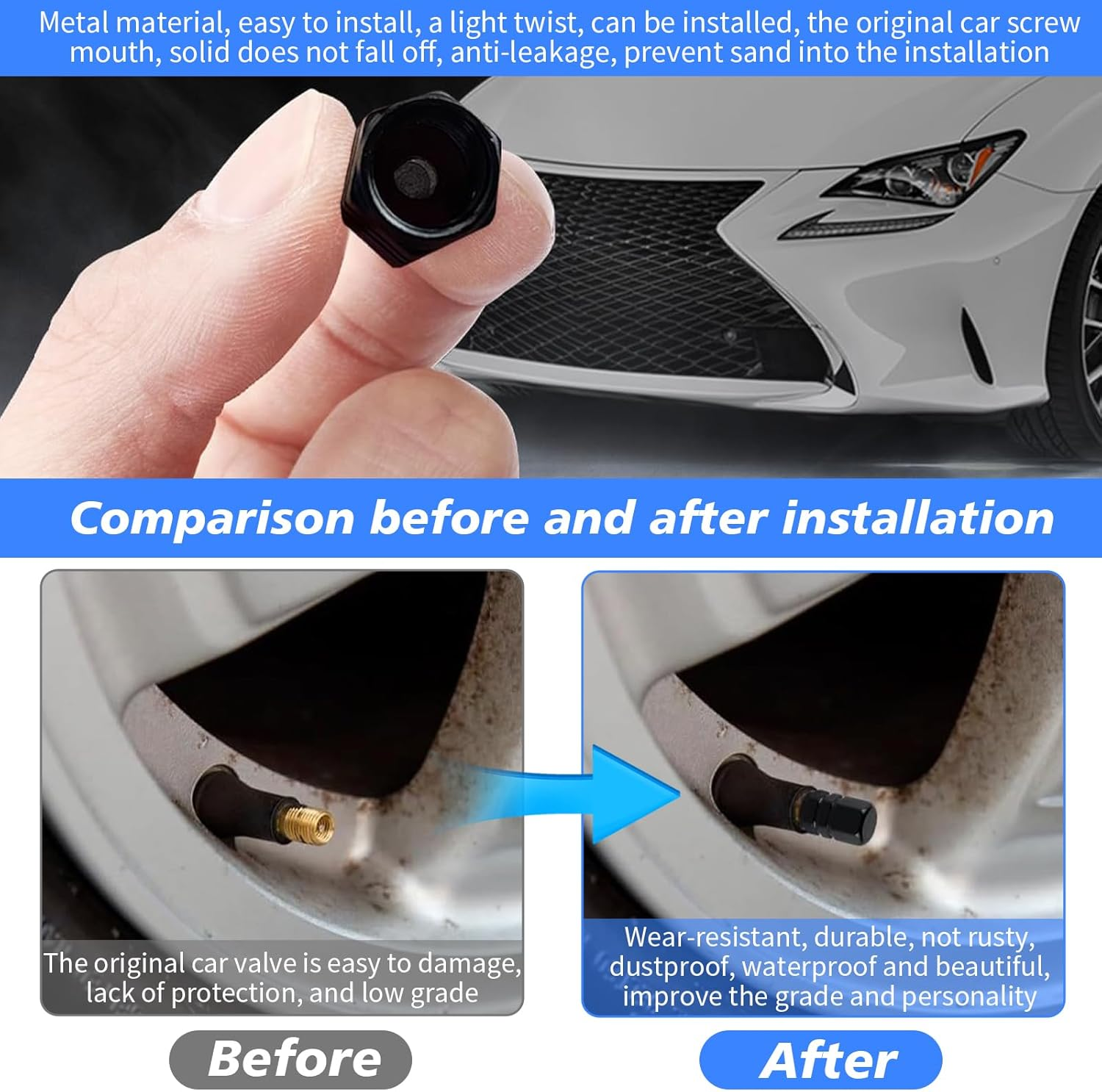 24 PCS Car Tire Valve Stem Caps, Premium Aluminum Alloy Dustproof Valve Covers, Universal Airtight Seal Corrosion-Resistant Wheel Tire Valve Cover for Cars, Suvs, Trucks, Motorcycles, Bikes (Black) image number 3