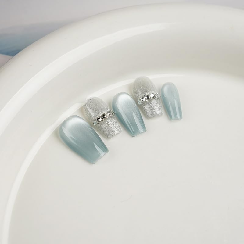 [GLORS] Purly Handmade Medium Ballerina Press on Nails | Blue False Nails with Rhinestones, 10 Pieces (XS, MB)