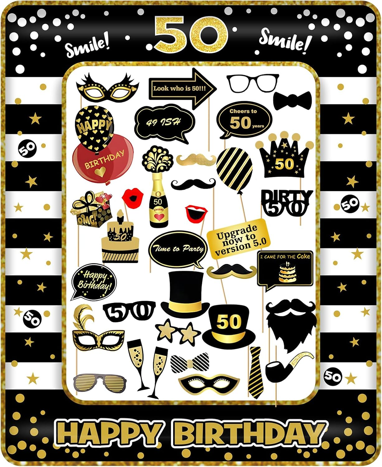 50Th Birthday Photo Booth Props and Inflatable Selfie Frame, 35 Pcs 50Th Funny DIY Birthday Party Props for Women Men, Black Gold Inflatable Party Photo Booth Frame