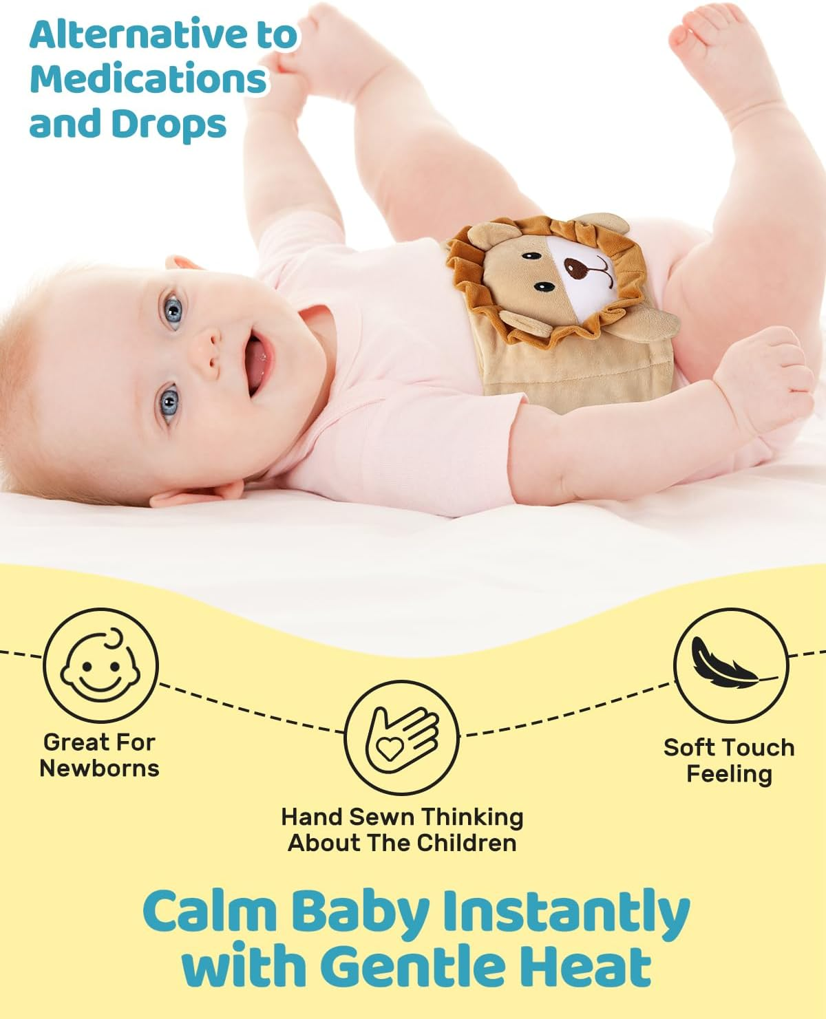 Baby Colic and Gas Relief, Flaxseed Heated Tummy Wrap for Newborns, Belly Relief by Soothing Warmth, Infants Swaddling Gripe Belt, Natural Relief Heating Pad for Upset Stomach in Toddlers, Lion image number 1