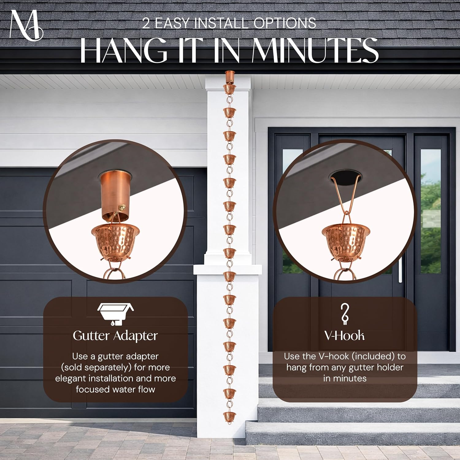 Monarch Rain Chains 26558 Pure Copper Hammered Cup Rain Chain Replacement Downspout for Gutters, 8-1/2 Feet Length image number 1