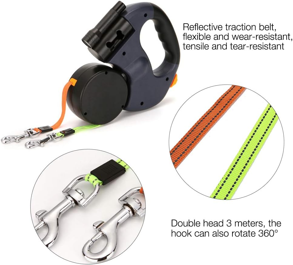 Gobesty Double Retractable Dog Lead, 3 M Double Leash for Two Dogs Flexible Double Dog Lead with Anti-Slip Handle, Bright Flashlight and Waste Bag Dispenser Suitable for Small and Medium-Sized Dogs image number 1