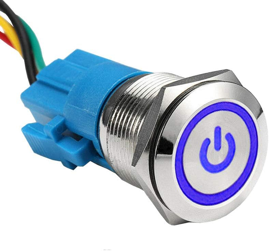 E Support 19Mm 12V 5A Power Symbol Angel Eye Halo Car Blue LED Light Metal Push Button Toggle Switch Socket Plug Wire