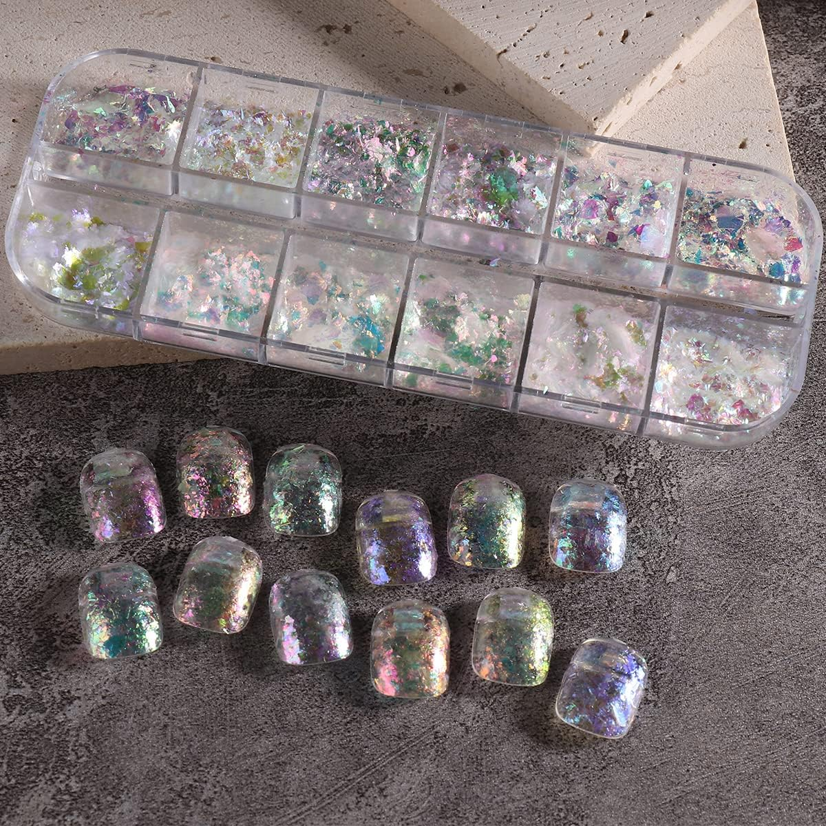 Holographic Opal Nail Art Glitter Flakes Powder Aurora Iridescent Pigment Ice Crystal Mermaid Paillettes Sparkly Sequins Design for Manicure Decoration Accessories 12 Grids image number 1