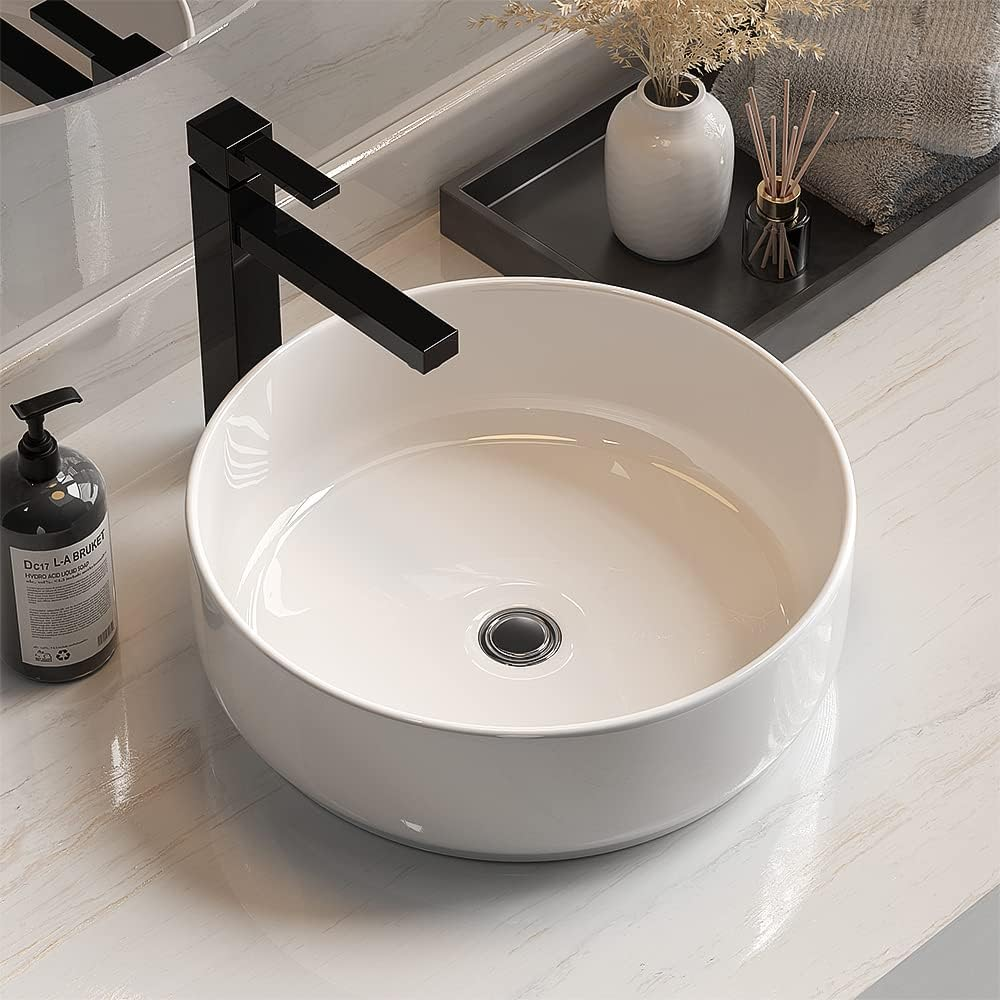Cefito Bathroom Basin Vanity Sink, Ceramic Hand Wash Basins Vessel Sinks above Counter Top Tools Kitchen Home Improvement, round Shape High Gloss Finish Scratch-Resistant White image number 5