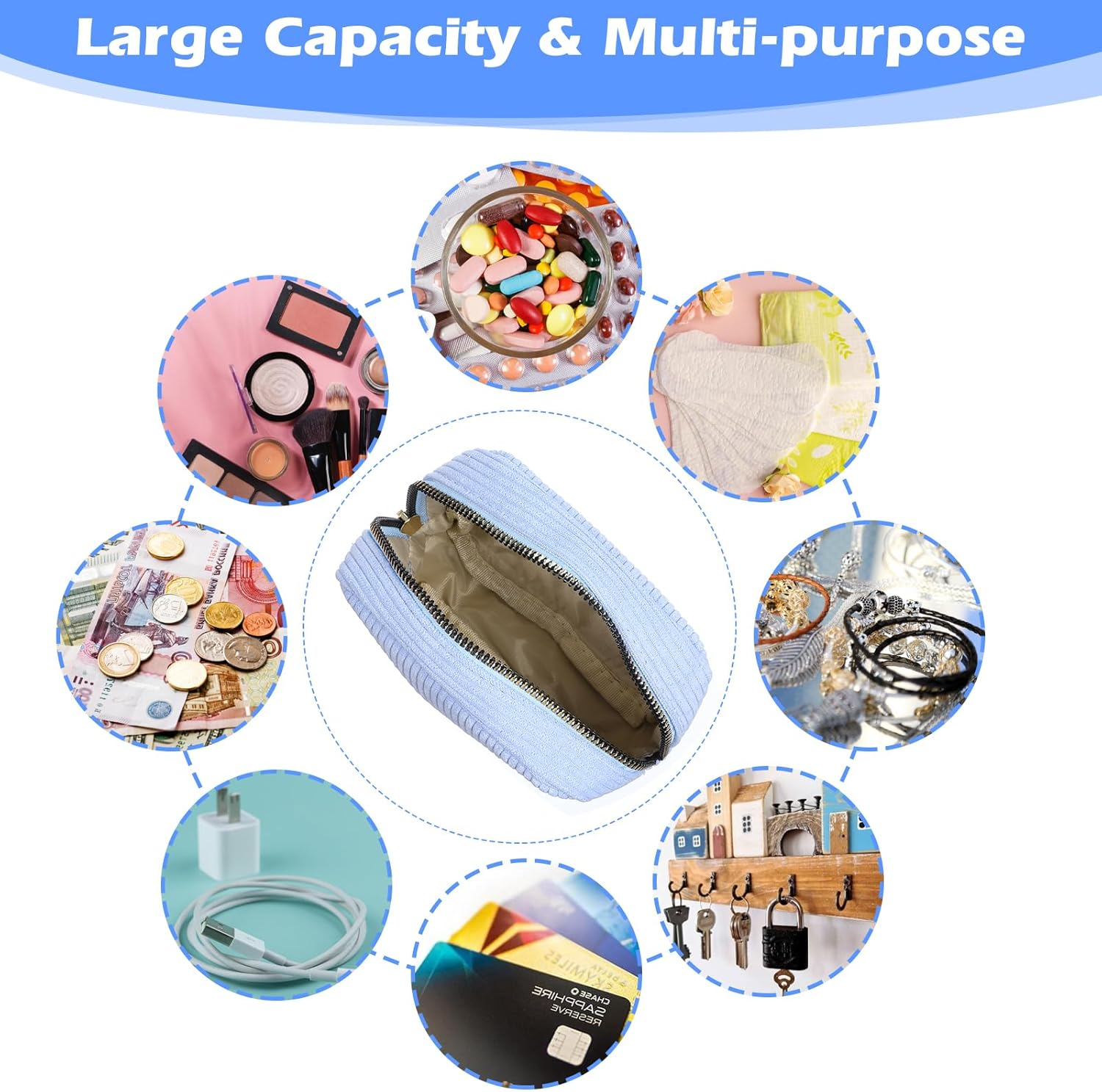 Period Bag for Teen Girls, Corduroy Sanitary Napkin Storage Bag, Cute Cosmetic Pouch for Women with Slip-In Pockets, Sky Blue - Sky Blue image number 5