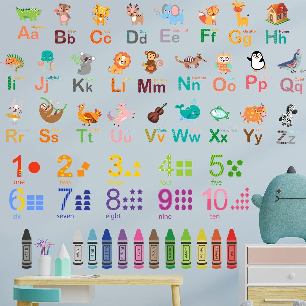 Alphabet Numbers Crayon Wall Stickers Decals Kids Peel and Stick Removable Room D&eacute;cor Letter ABC Classroom Playroom Decorations image number 2
