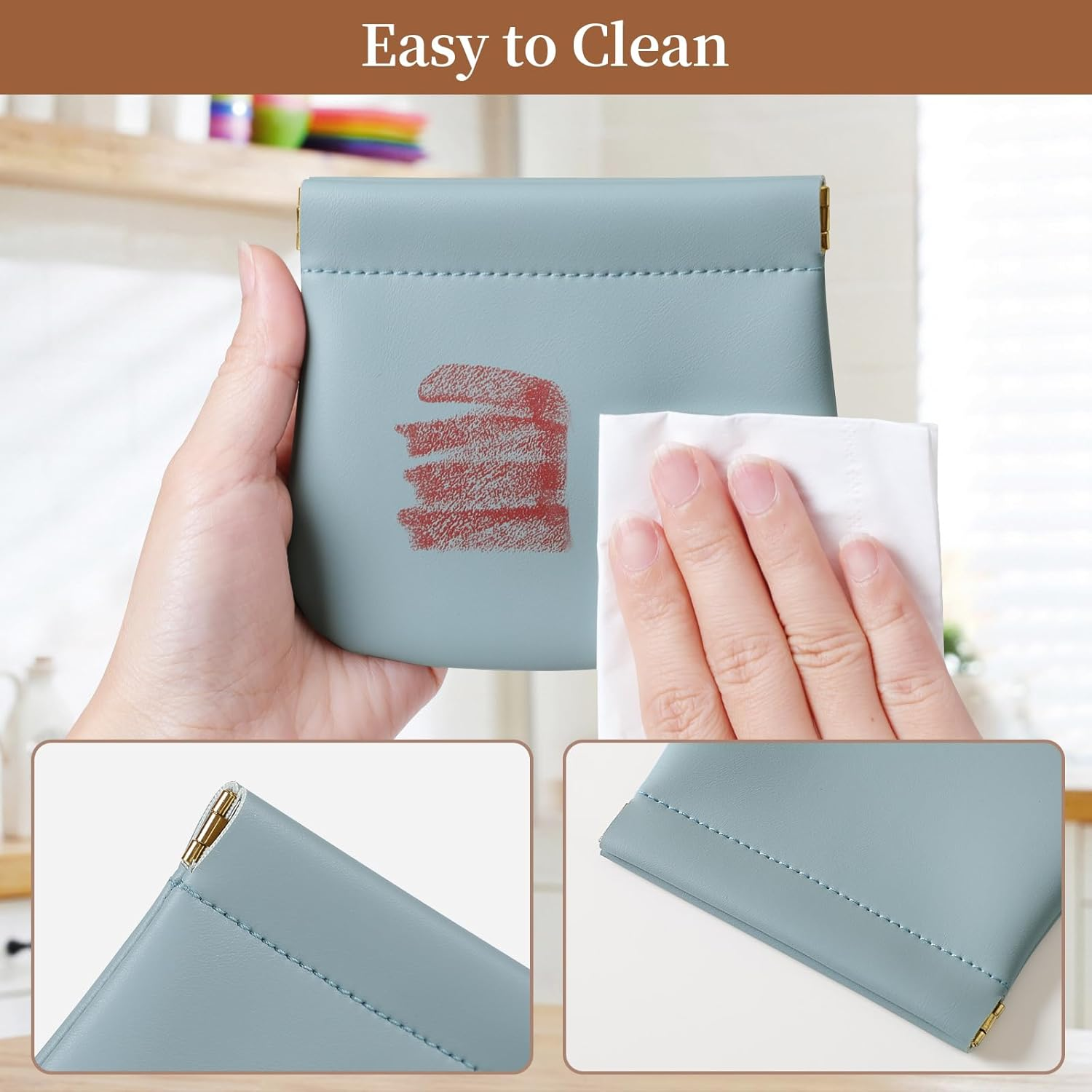 2 Pack Small Makeup Bag for Women, New Organosilicon Super Fiber Leather Mini Cosmetic Bag for Travel, Coin Purse Organizer Storage Pouch, Blue, Stylish image number 6